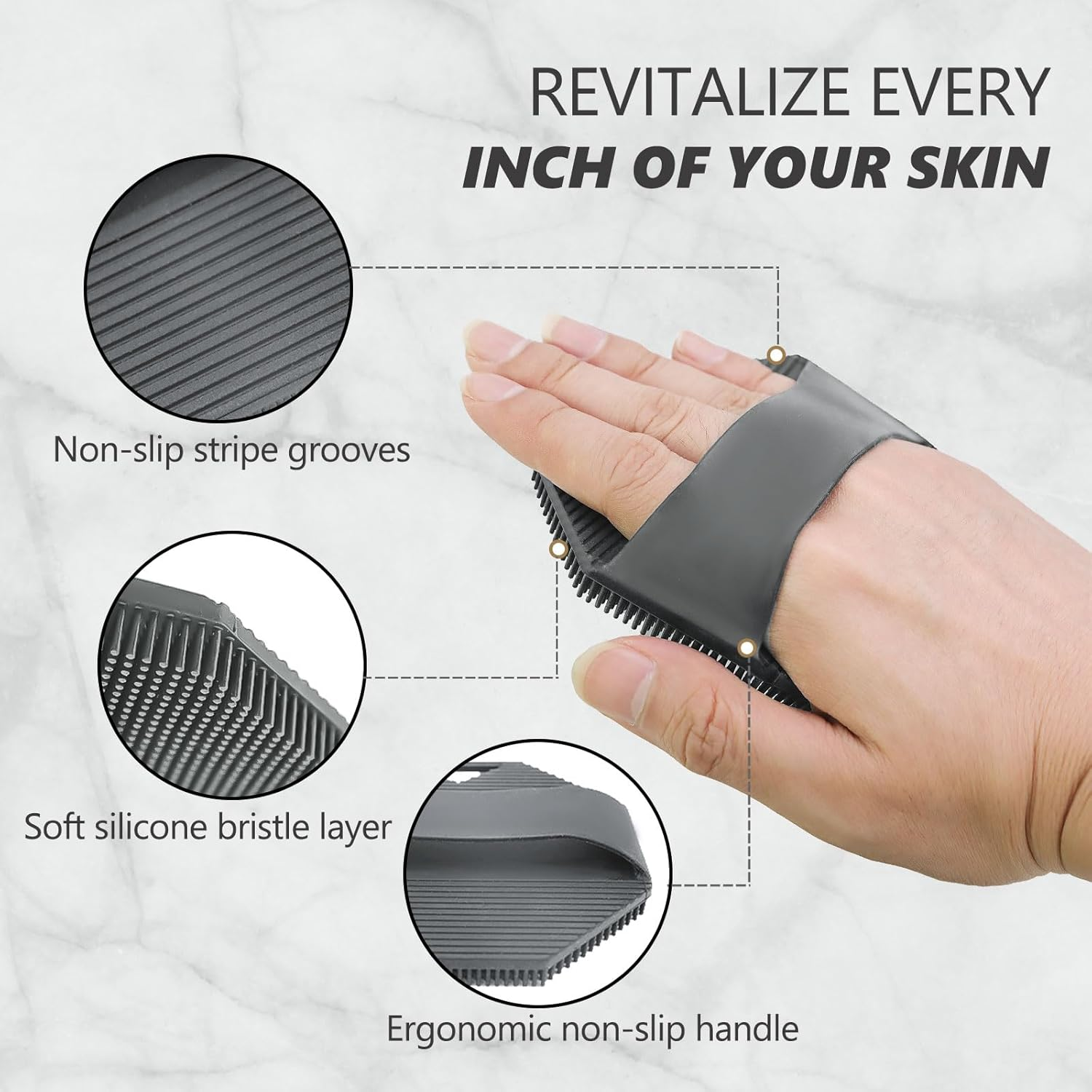 2 Pack Silicone Body Scrubber, Exfoliating Body Scrubber for Sensitive Skin, Silicone Loofah with Anti-Slippery Handle, Stays Clean Easily, Travel-Friendly for Men & Women (Gray + Purple)