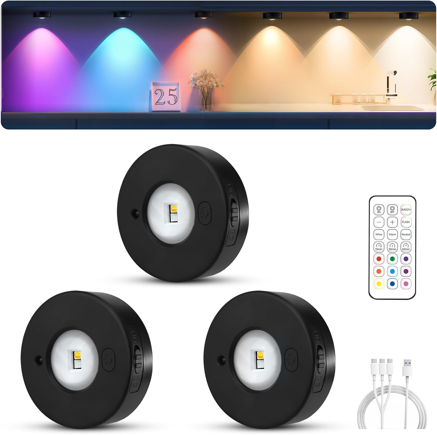 MERTTURM Rechargeable RGB Puck Light, 1200 Mah Wireless Cupboard LED Cabinet Light, Dimmable Stick on Wall Light with Remote Control/Timer for Wardrobe/Kitchen-3 PCS