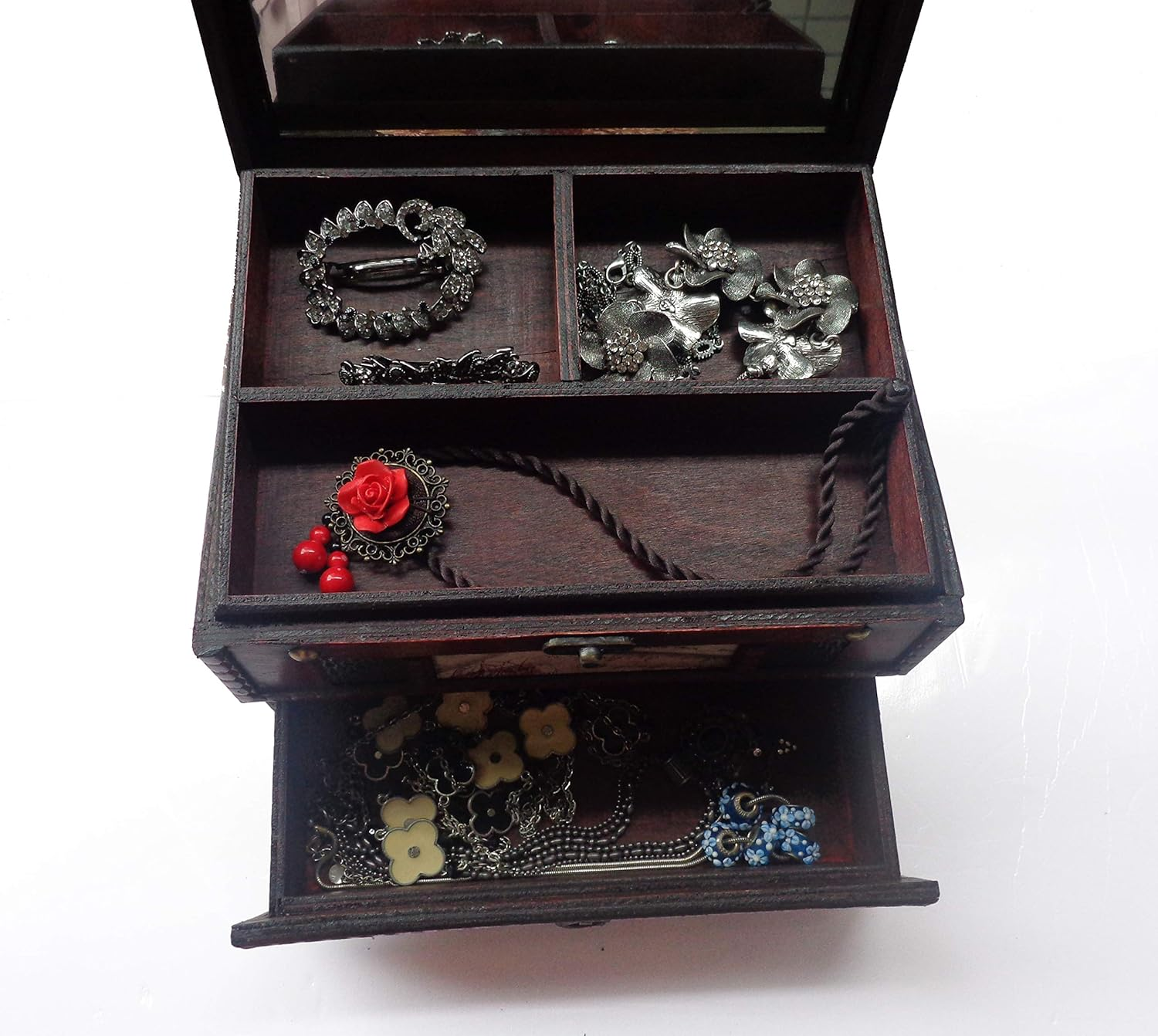 ISOTO Retro Vintage Wooden Jewelry Box Storage Box Organizer Container Case Chest Trinket Box with Mirror for Gilrs Girlfriend Women for Mother'S Day 22 * 16 * 16Cm (Style 1) image number 6