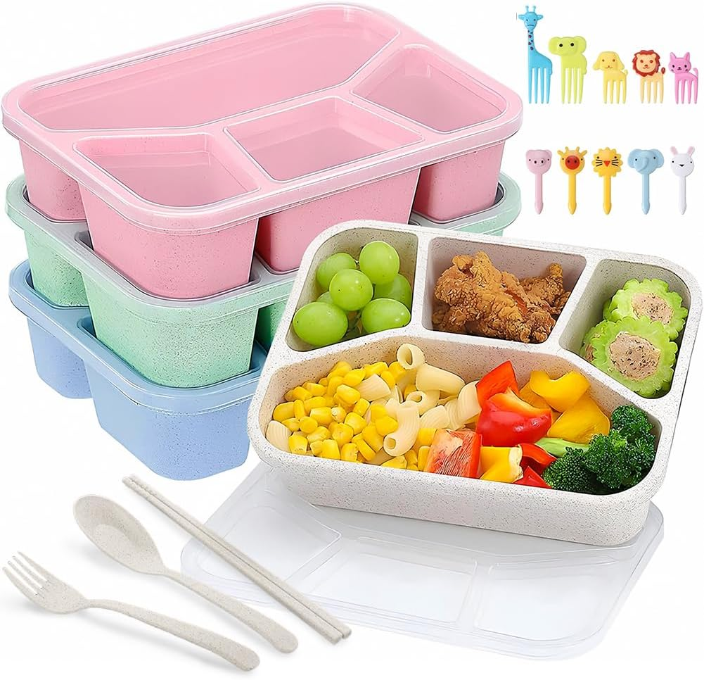 Bento Lunch Box - 4 Pack, Reusable Food Storage Snack Containers with Transparent Lids for School, Work and Travel