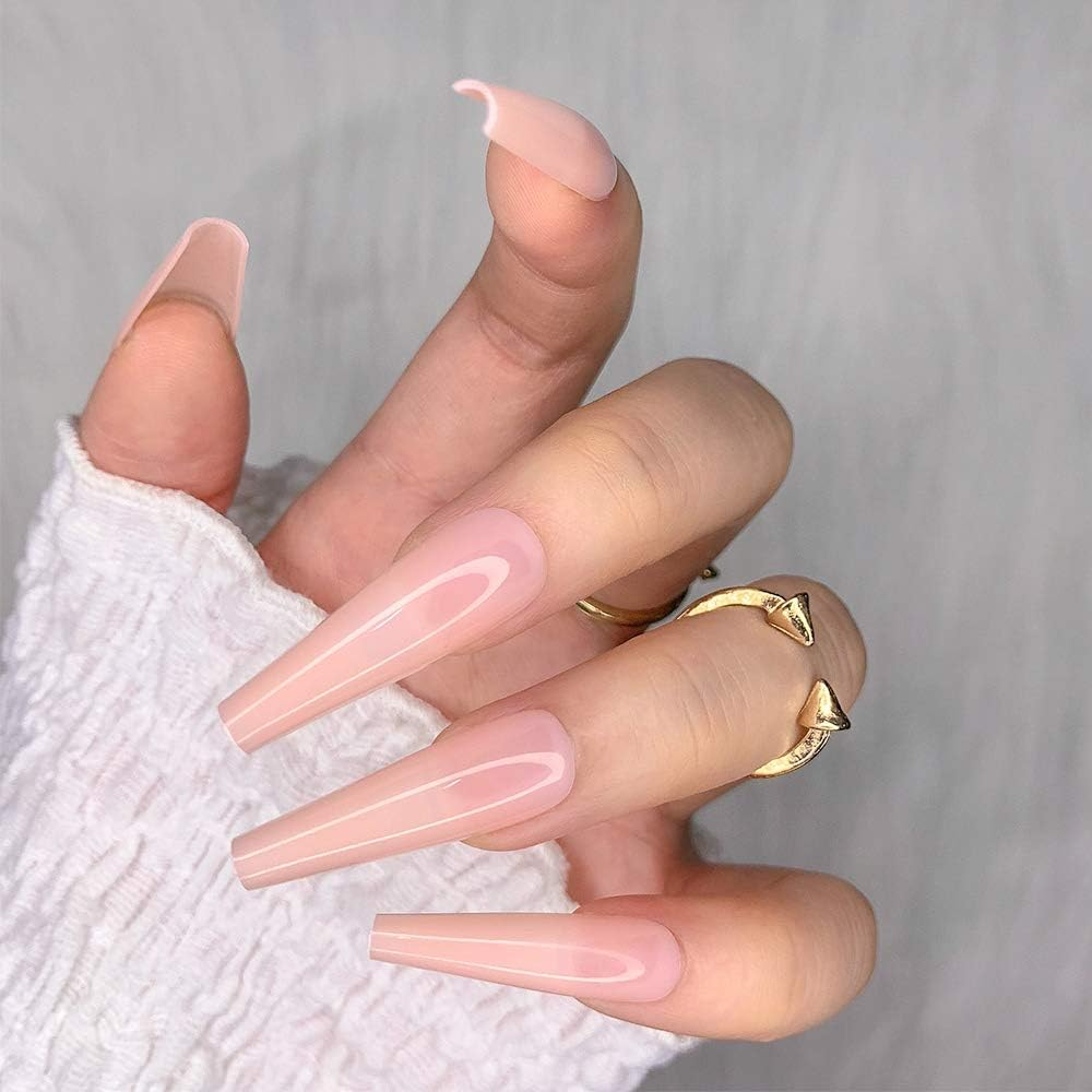 Artquee 24Pcs Light Nude Clear Pure Color Ballerina Long Coffin Glossy Fake Nails Press on Nail False Tips Manicure for Women - Cb-14 image number 3