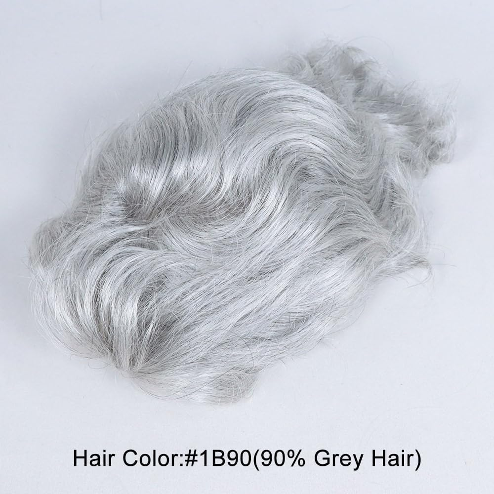 Replacement Toupee for Men Mono Lace with Thin Skin PU Breathable Male Hair Prosthesis #1B90 Gray Human Hair System Systems image number 5