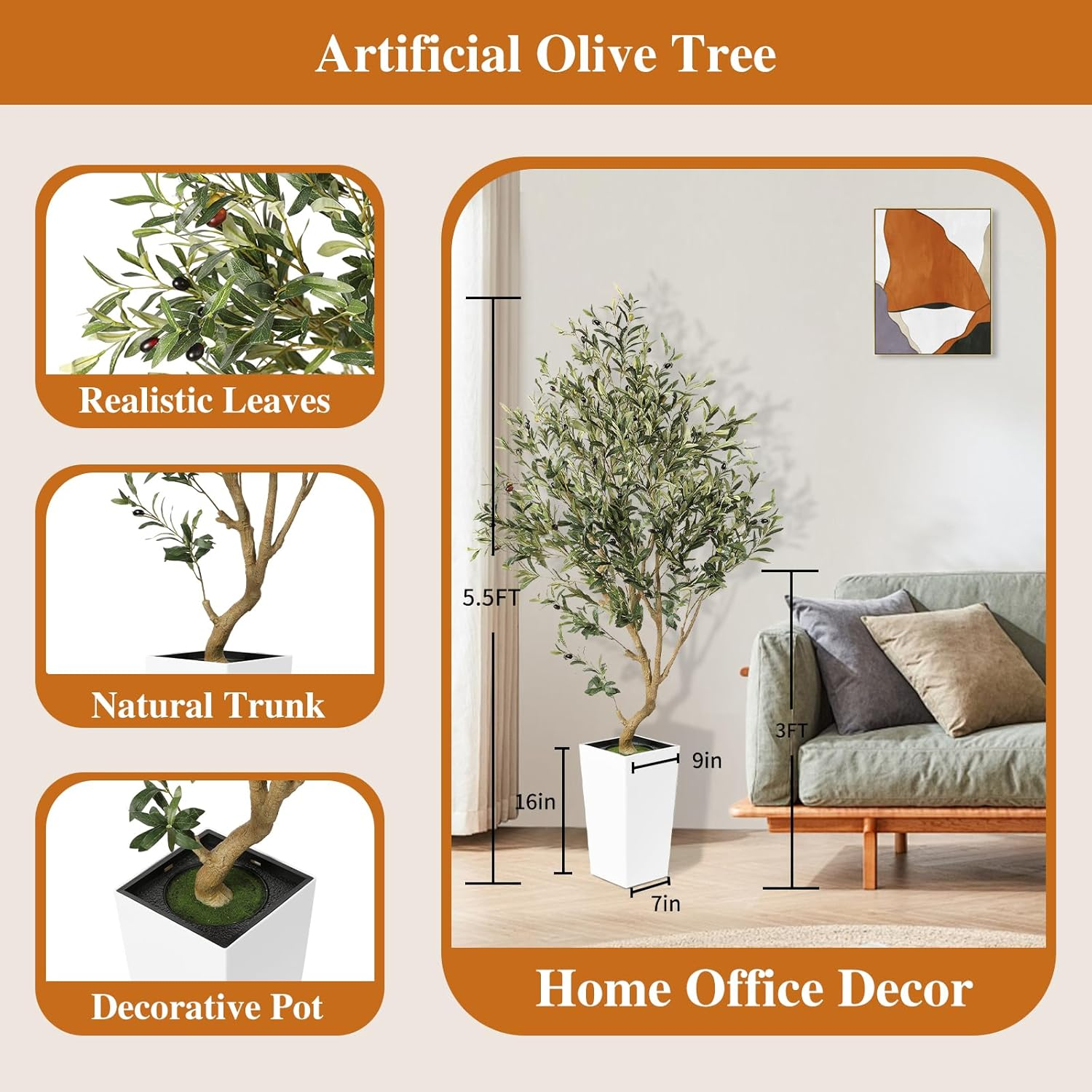 PHYTREE Artificial Olive Tree, 5.5FT Faux Olive Tree with White Tall Planter, Large Fake Potted Olive Plants with Lifelike Fruits and Realistic Trunk, Artificial Trees for Home Office Decor Indoor image number 1