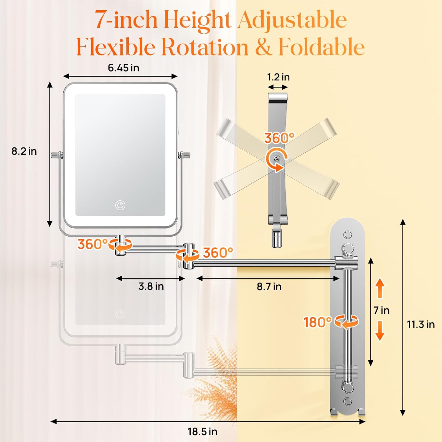Gospire Height Adjustable Wall Mounted Lighted Makeup Mirror with Hooks, 3000Mah Rechargeable with 1X/10X Magnification, 3 Light Colors and Stepless Dimming for Bathroom image number 1