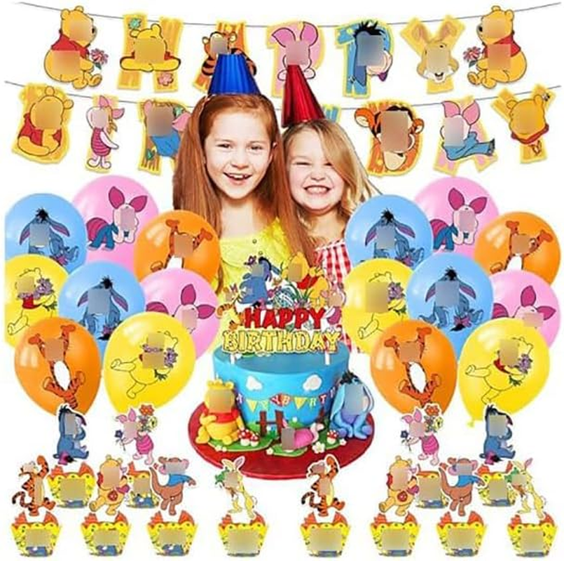 Buosha Winnie the Pooh Birthday Decoration Pack: Banner, 16 Balloons, 13 Cake Toppers - Yellow Winnie the Pooh Character Balloons image number 6