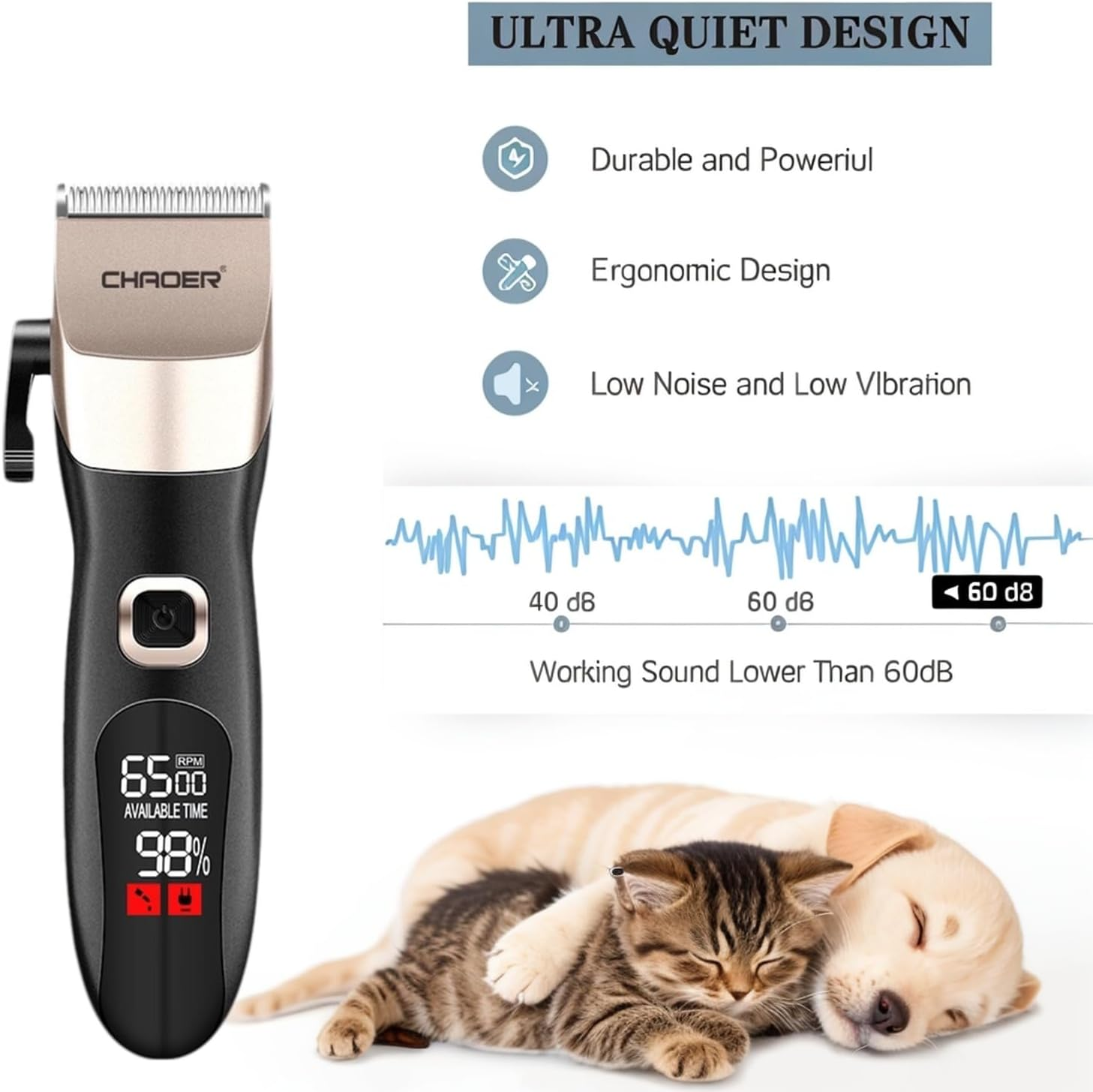 Dog Clippers for Grooming with LCD Screen & 4 Combs - 4-Speed Adjustable, Low Noise Cordless Trimmer,Stainless Steel Blade for Cats/Dogs, Usb-Type-C Charging