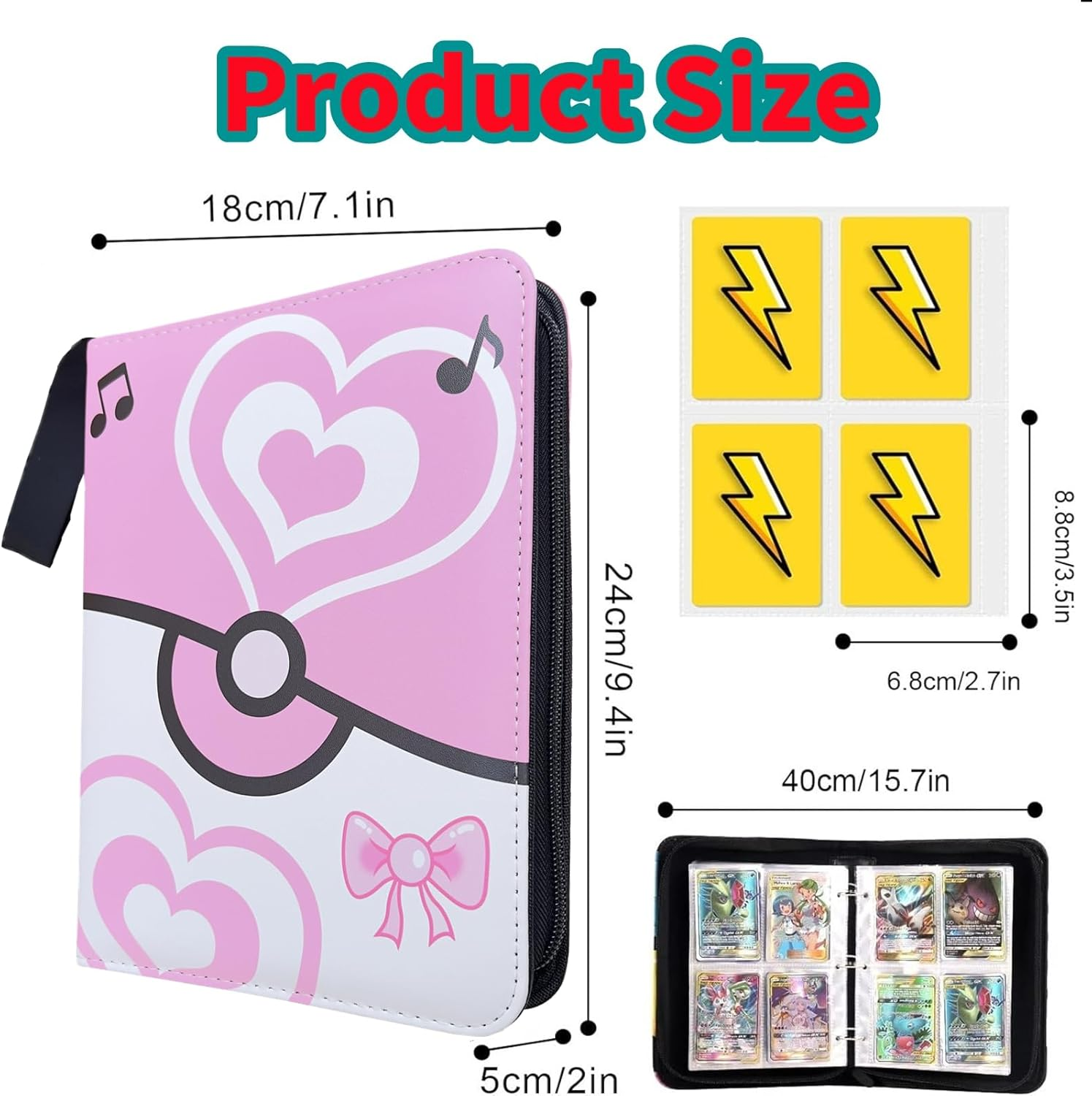 Trading Card Album Binder 4 Pocket,50 Removable Sleeves Fits 400 Cards, Cards Holder Album PU Leather Folder with Zipper and Strap for Game,Book Folder Storage Organizer for Boys Girls (Pink)