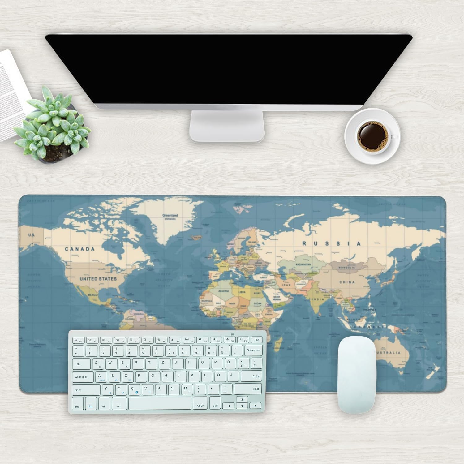 Desk Mat, Blue Vintage World Map Extended Gaming Mouse Pad Large, Big Mouse Pad with Non-Slip Base and Stitched Edge, Long Computer Keyboard Mouse Mat for Home Office Work (31.5"X11.8") image number 1