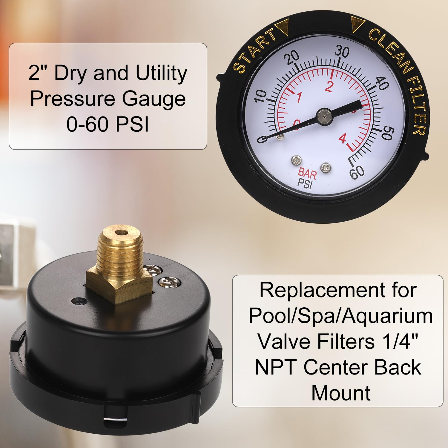 0-60PSI Pool Filter Pressure Gauge, 1/4 NPT Back Mount Waterproof Clean Sand Filter Indicator Water Pressure Gauge Replacement Parts Accessories for Swimming Pool Pumps Spa Aquarium Pressure Testing image number 4