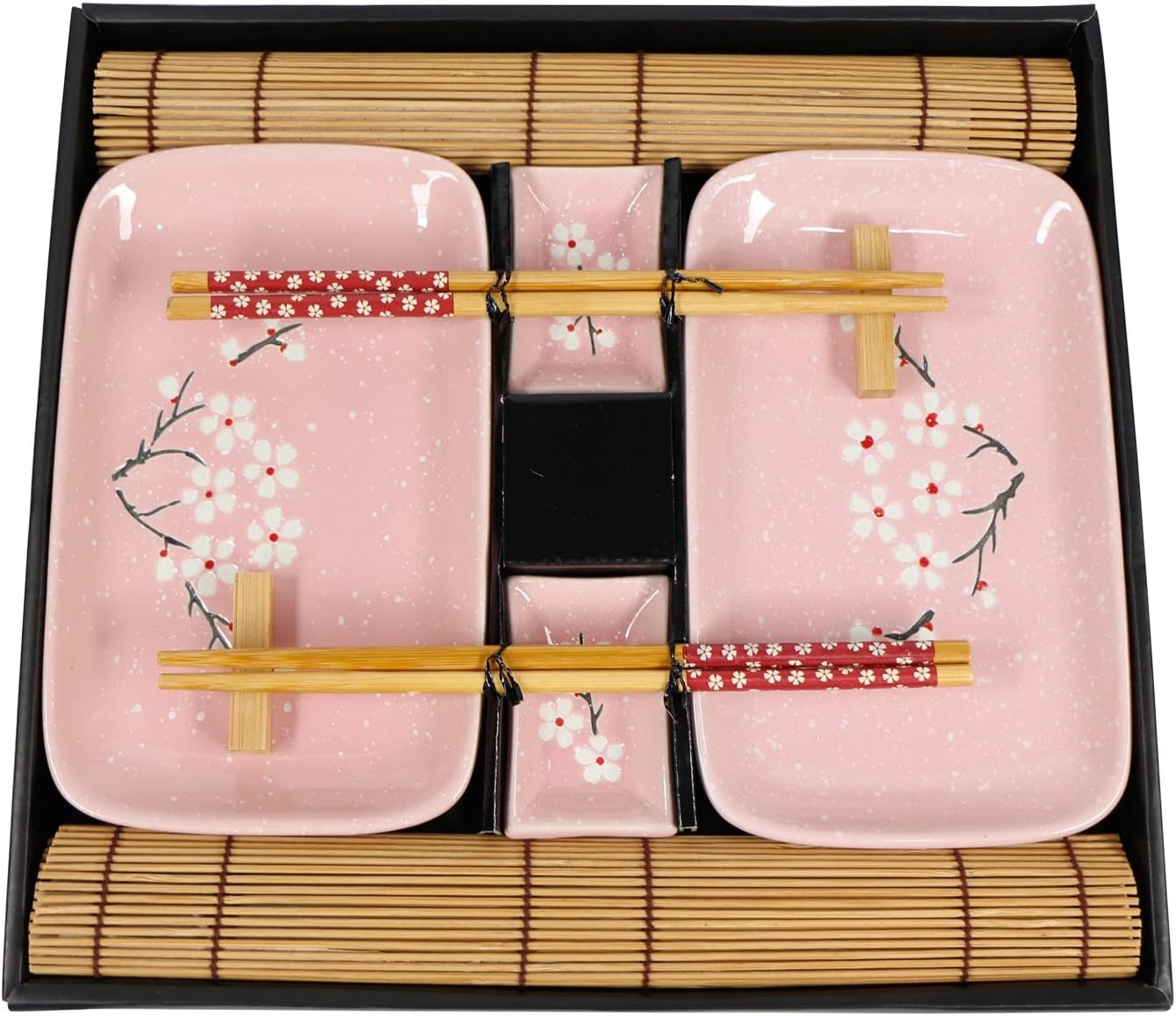 Exzact Sushi Plate Set 10Pcs - 2 X Sushi Plates, 2 X Dip Bowls, 2 X Placemats, 2 X Chopsticks Rests, 2 Pairs of Chopsticks - Highquality Porcelain - Gift Box - Pink image number 3