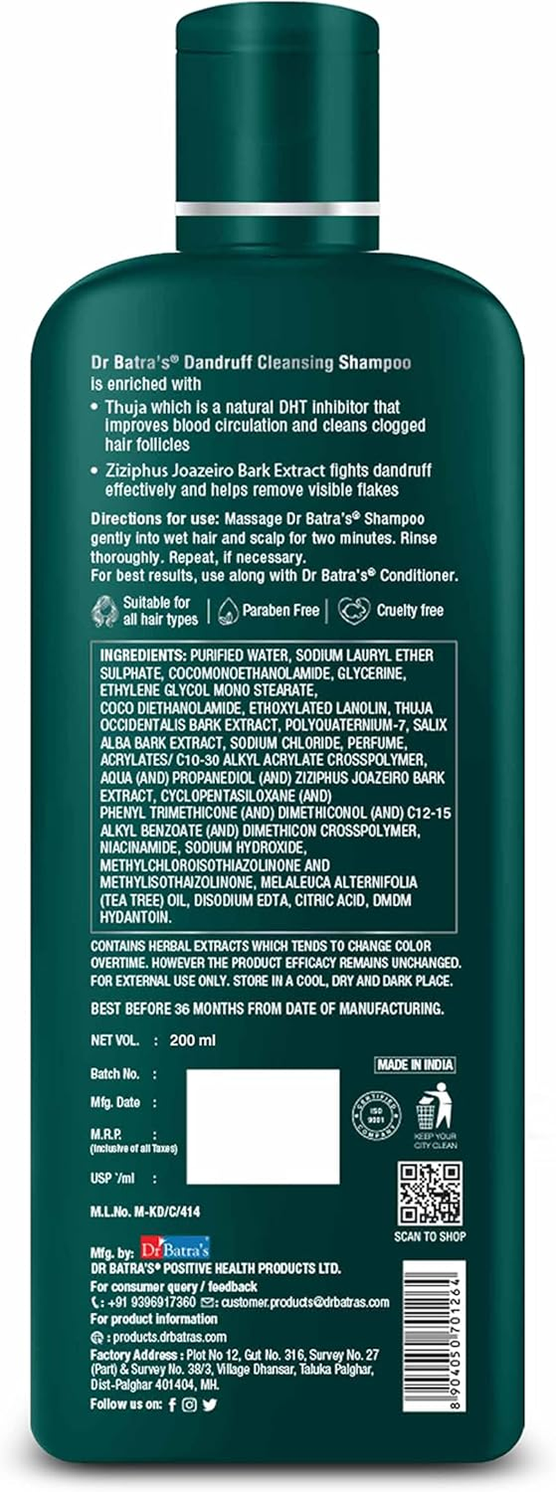 Dr Batra'S Dandruff Cleansing Shampoo Enriched with Thuja for Silky Hair 200Ml by Dr Dry image number 2