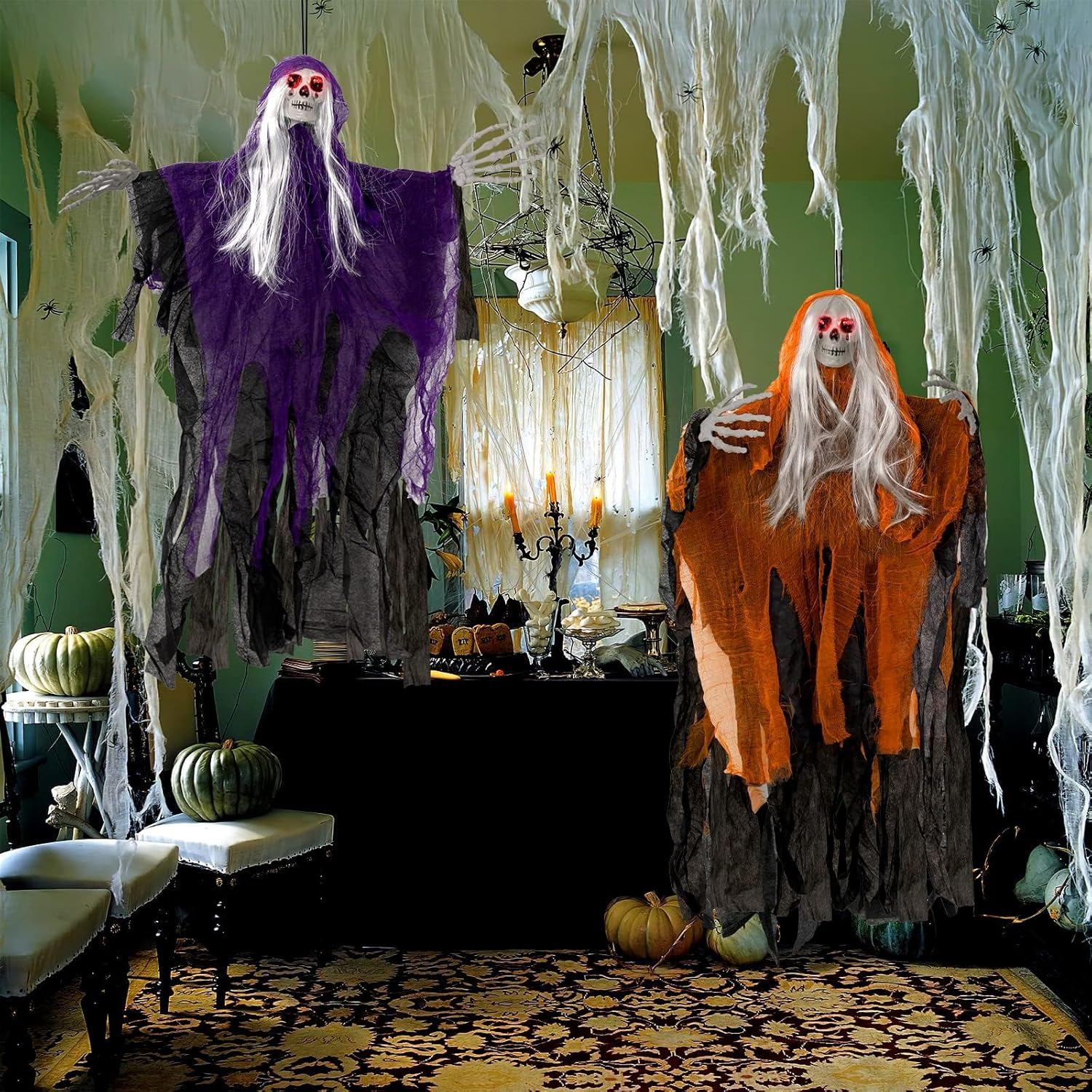 ZATMRA Scary Halloween Decorations Outdoor Hanging - 41" Halloween Hanging Ghost Skeleton with Glowing Eyes for Halloween Porch Yard Garden Tree outside Decorations, 2 Pack image number 2