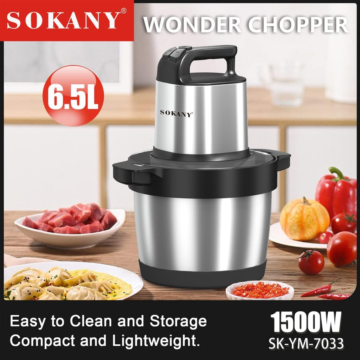 SOKANY 1500 W Electric Kitchen Chopper with 6.5 L Stainless Steel Bowl, Multi Chopper with 3 Speed Levels, Meat Grinder with 4 Blades for Meat, Onions, Fruit, Vegetables