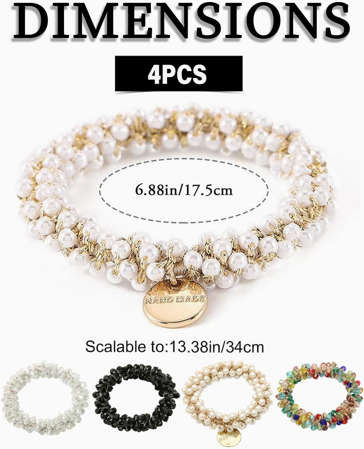 KGDUYC 4 Pieces Pearl Hair Bobbles Rhinestone Ponytail Holder Beads Hair Ties Elastic Hair Band Hair Accessories for Women White Black Colorful Mother of Pearl image number 1
