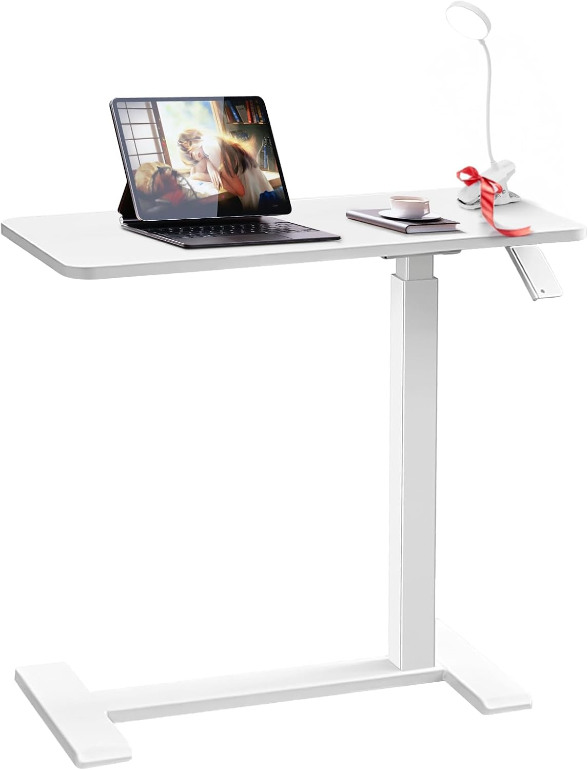 Xmart Adjustable Overbed Table with Wheels，Pneumatic Mobile Standing Desk，Rolling Computer Car，Laptop Desk Multi-Purpose for Home and Medical Use，Sofa Side Table, Movable Bed Table (80X40Cm, White) image number 6