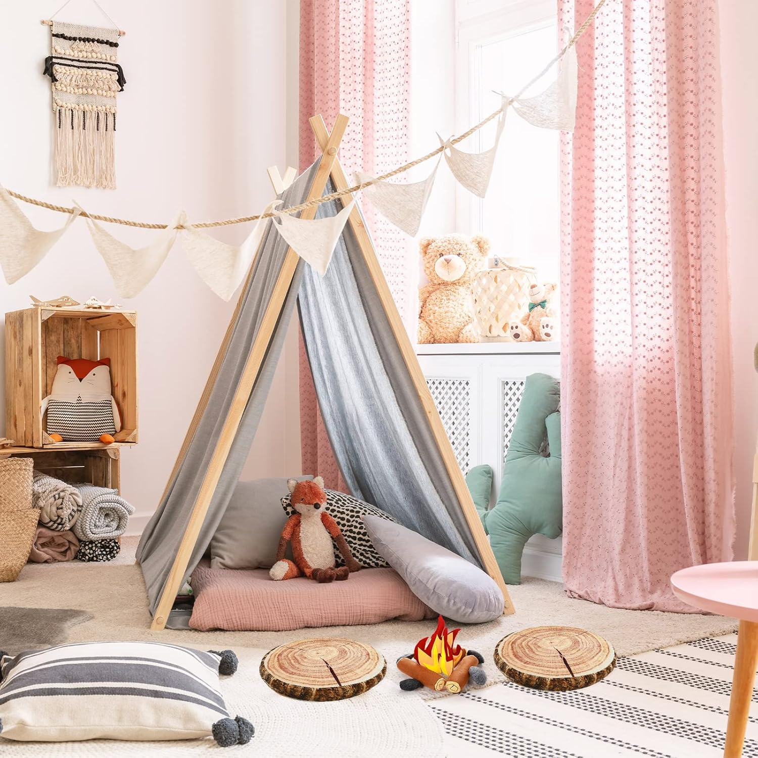 Civaner 17 Pcs Pretend Camping Play Set, 2 Decorative round Throw Pillow, Toys Safe Fake Campfire Plush Wood Design Floor Cushion for Adults Dramatic Outdoor Home Decorations