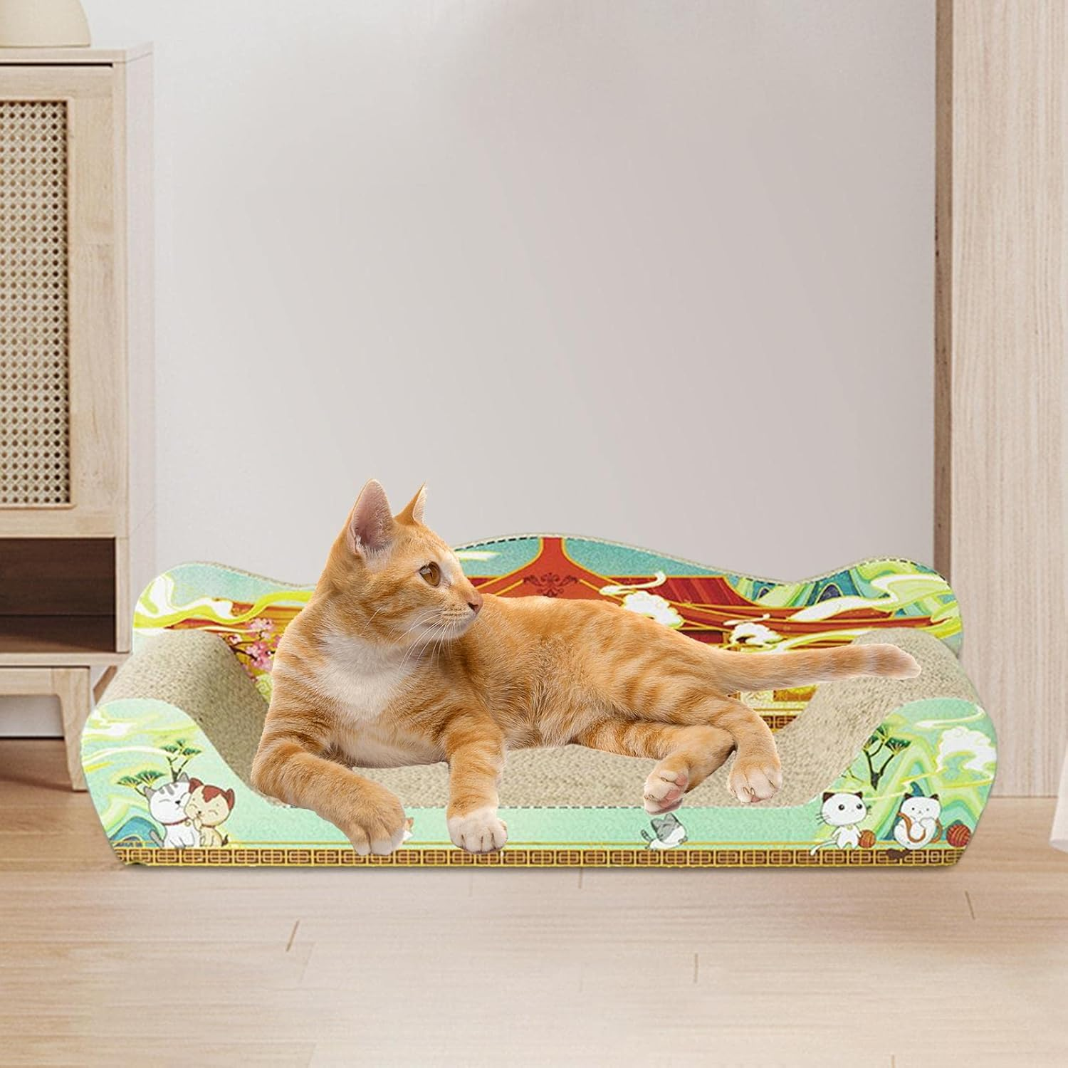 Perfk Cat Scratcher Cardboard Cat Toy Cat Scratch Bed Large Lounge Couch Cat Scratching Board Cat Sofa for Indoor Cats Kittens Play, Green 61Cmx30Cmx18Cm image number 4