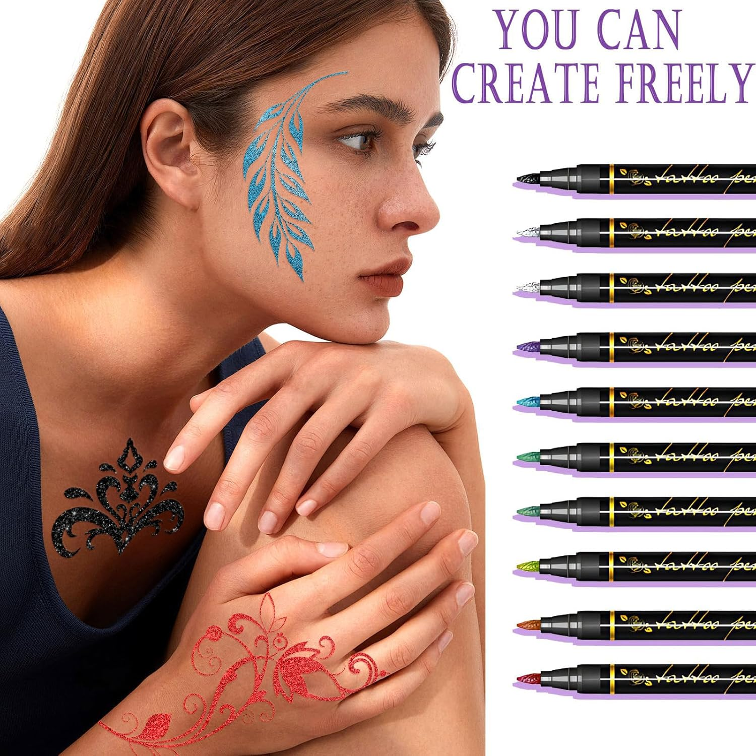 Temporary Tattoo Markers for Kids and Adults, 10 Metallic Markers and 155 Tattoo Stencil Designs, Cosmetic Tattoos Pens for Party Favor Gift and Face Painting image number 5