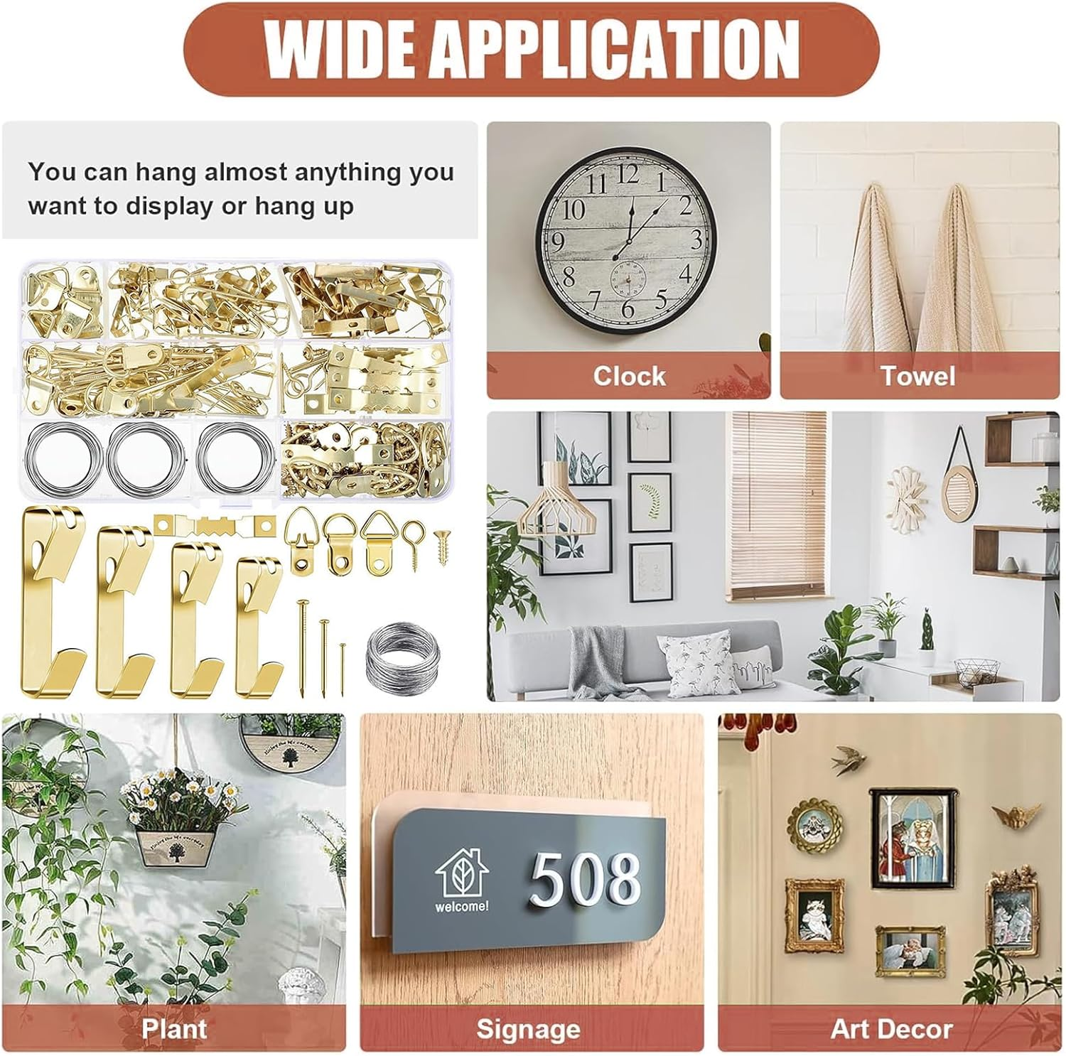 Nlvnmv 246 Pcs Picture Hanging Kit with Hooks, Wire, Nails, Eye Screws, Sawtooth Hangers, Hardware Tool for Frame and Canvas Mounting (Gold) - Silver image number 5