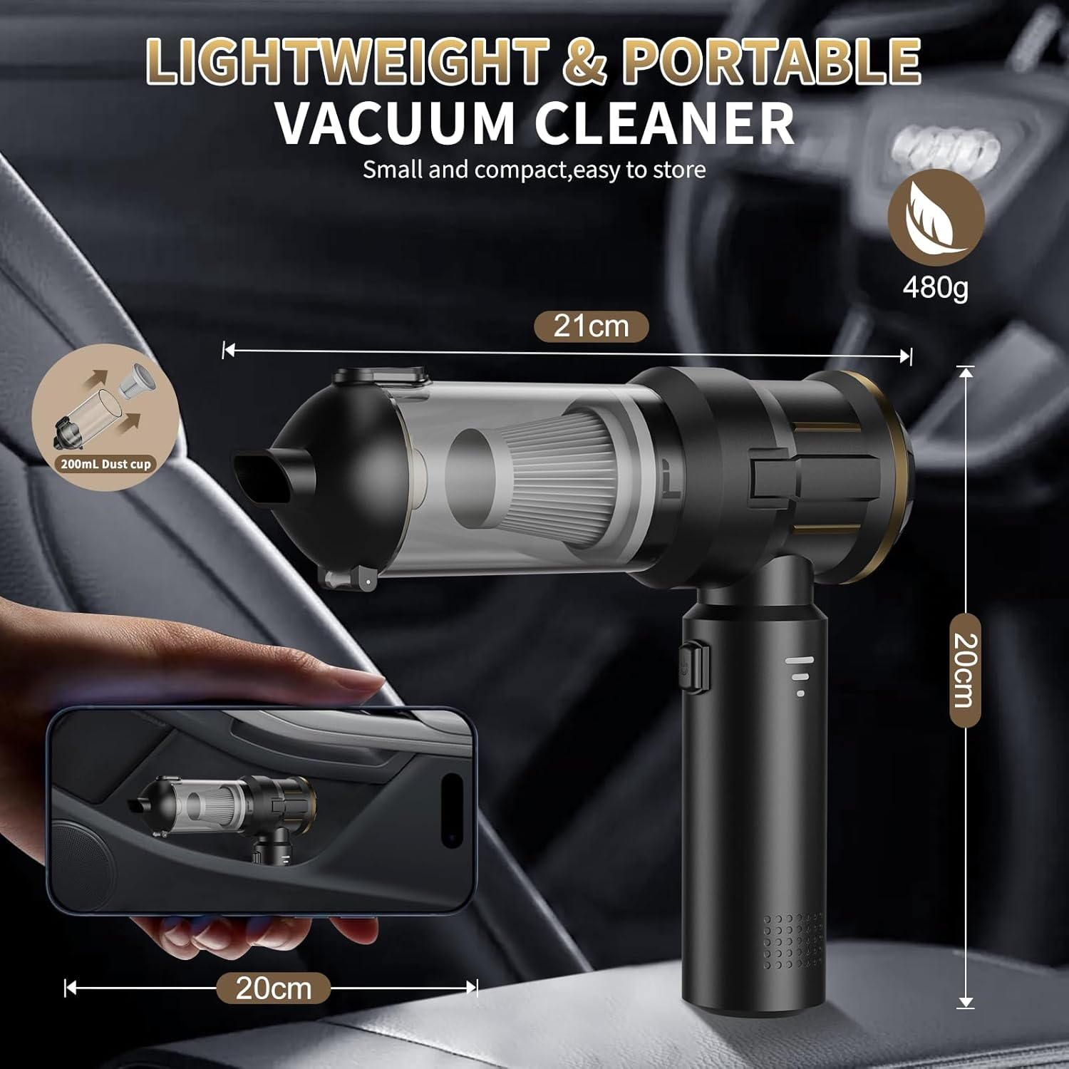 Koreal 4 in 1 Car Vacuum Cleaner, 16000PA High Power Suction Vacuum Cleaner Cordless,100W Brushless Motor Handheld Vacuum with 6000Mah Battery, LED Light, Multi Nozzles for Car, Home, Office, Pet image number 4