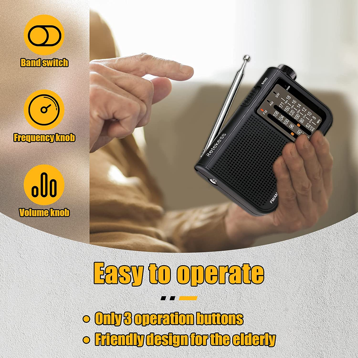 Retekess V-117 Portable AM FM Radio with Shortwave Battery Powered Transistor 3.5Mm Headphone Jack Speaker Small Compact Pocket Radios(Black)