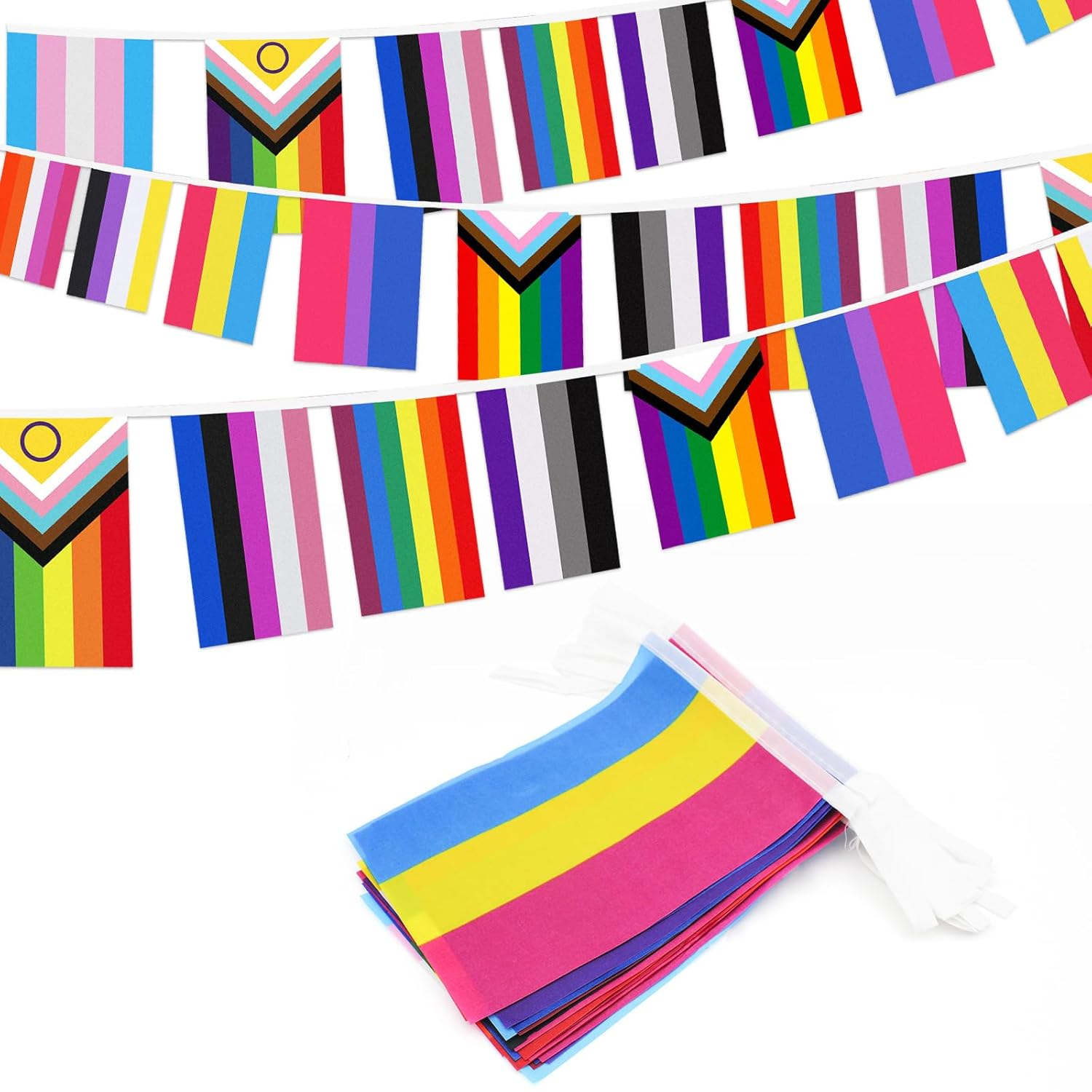 38Pcs/50Feet Progress Pride Flags Banner, LGBTQ Pride Rainbow Bunting with String for Garden Bar, Pride Banner Decorations for Outdoor Indoor Party Decoration Celebrating Month Events