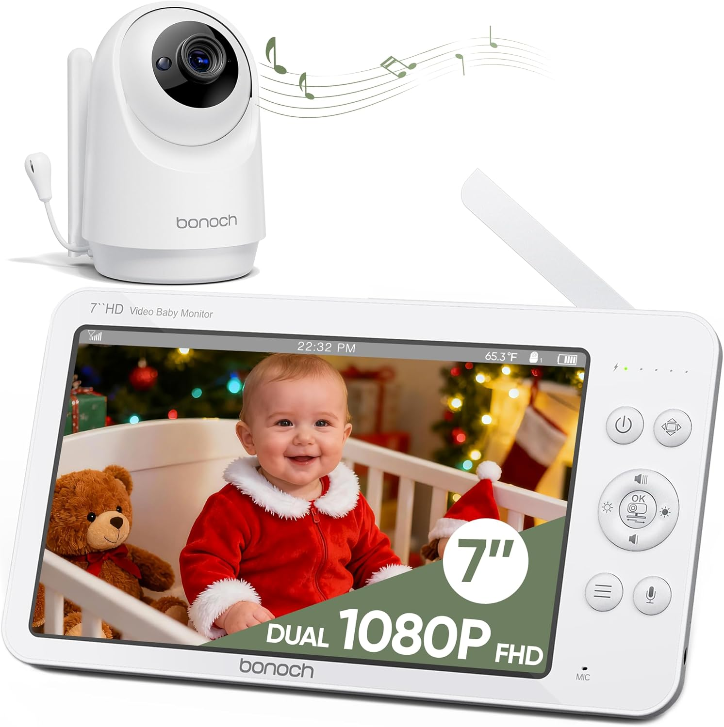 Bonoch 7" 1080P Baby Monitor with Camera and Night Vision, Video Baby Camera Monitor No Wifi with 6000Mah Battery, 2-Way Talk, Temperature, Hack Proof, Remote PTZ, 3 White Noise & 5 Lullabies image number 6