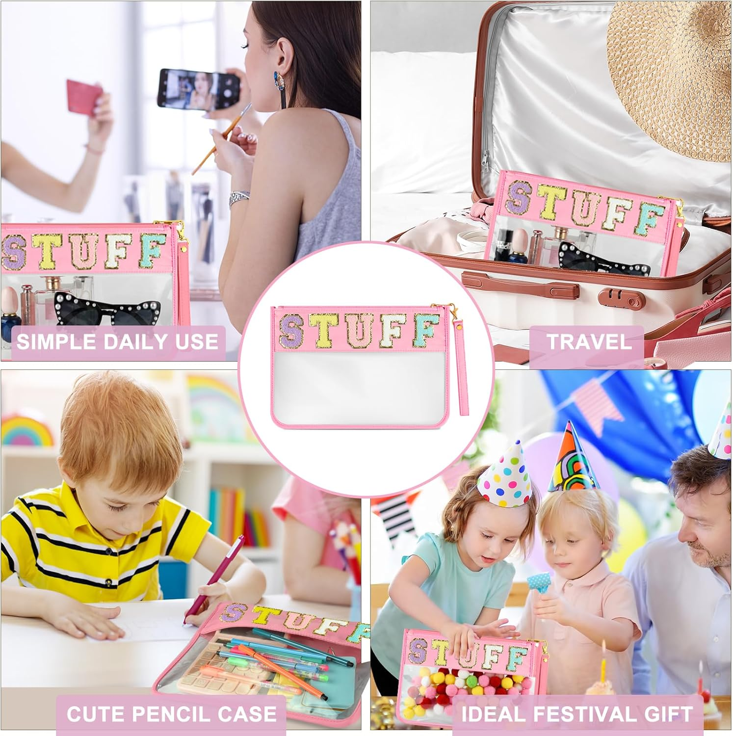 Morcheiong Chenille Letter Bag Clear Zipper Stuff Pouch PVC and Nylon Makeup Bag with Handle for Travel School Gym Beach image number 1