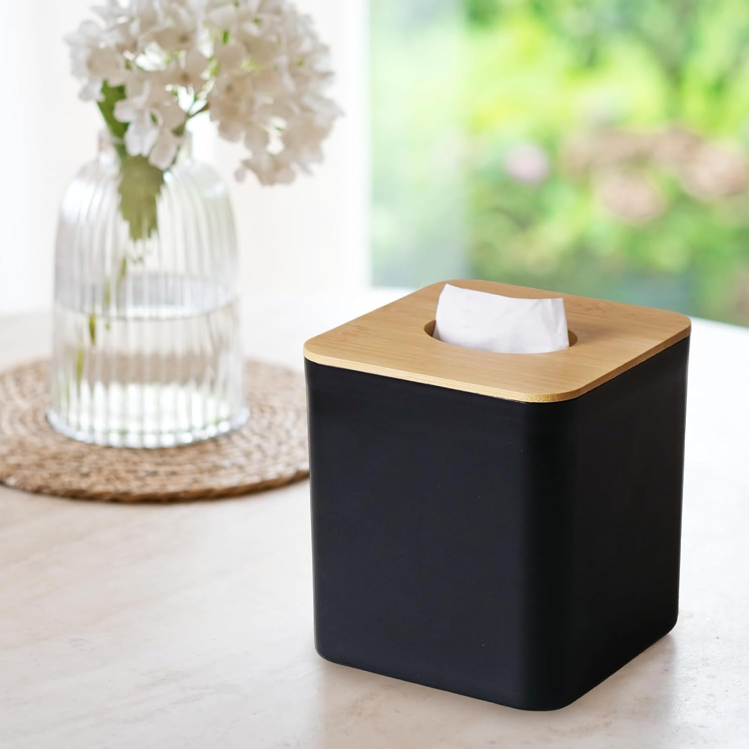 Tissue Box Cover Square, Black Tissue Box Holder with Bamboo Cover Plate, Cube Tissue Box Cover for Desk Accessories, Tissue Holders Decorative Square Tissue Box Tissue Holders for Bathrooms Bedrooms
