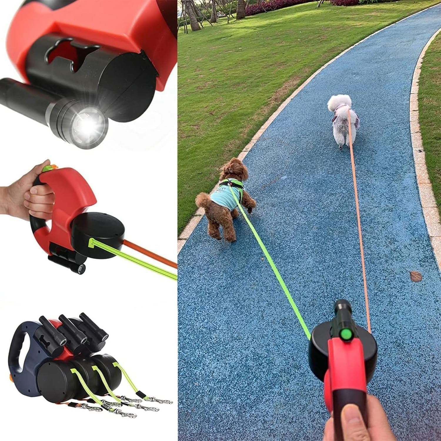 Dual Retractable Dog Leash for Small Dogs-Dog Walking Belt for Running Hiking Training with 360 Tangle-Free,Double Dog Leash with Reflective Nylon Ribbon for Pomeranian,Teddy (Red) image number 5