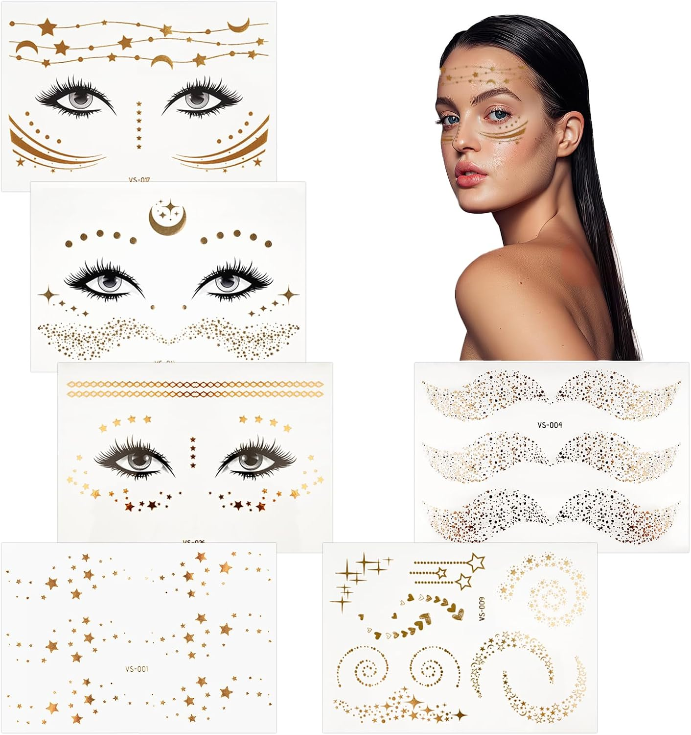 Face Tattoo Carnival, Glitter Festival Make up Tattoos, Waterproof Freckles Freckles Tattoo in Gold for Women (Gold - 6 Styles)