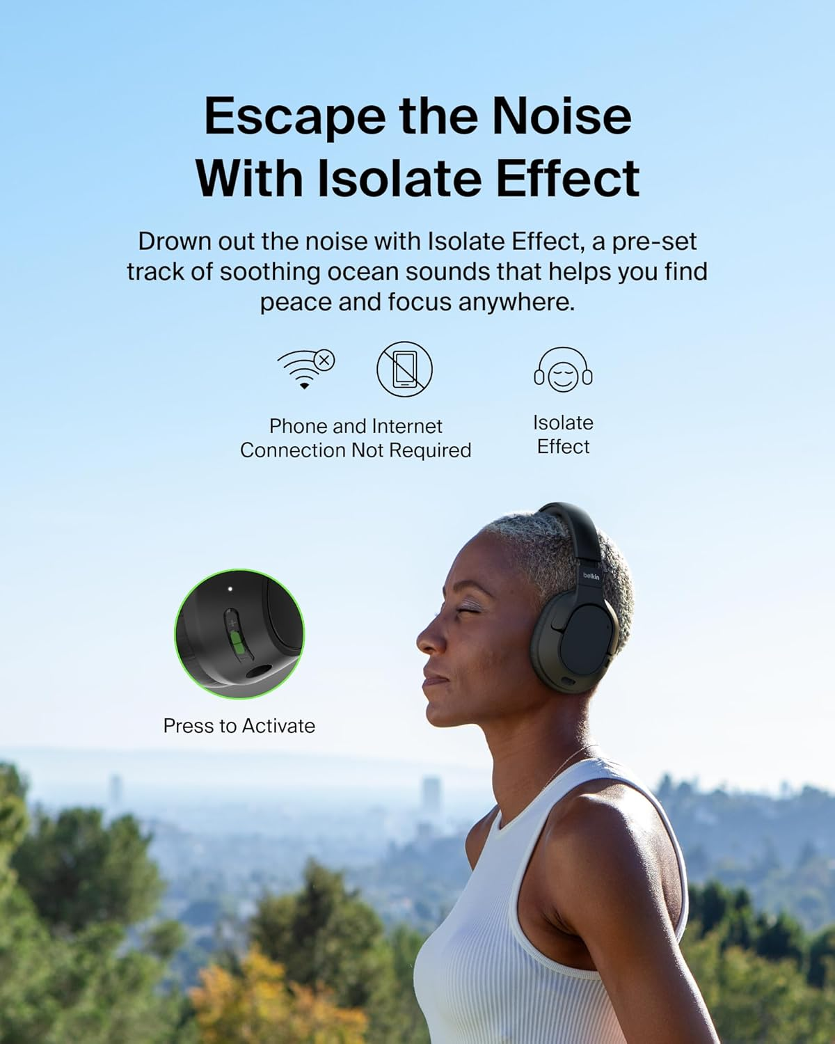 Belkin Soundform Isolate Noise-Cancelling Over-Ear Headphones, Hybrid Active Noise-Cancelling, Wireless, Bluetooth W/ 60H Playtime, Deep Bass, Cloudcushion Ear Cups for Travel, Home, or Office - Black image number 4