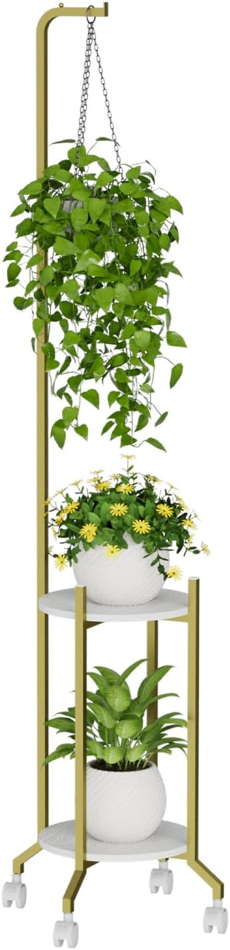 Plant Stand Indoor, 2 Tier Hanging Tall Plant Shelf with Wheels, 3 Potted Corner Flower Stand Metal Plant Holder, Plant Shelves for Living Room, Bedroom, Patio, Outdoor, Black (White-Glod)