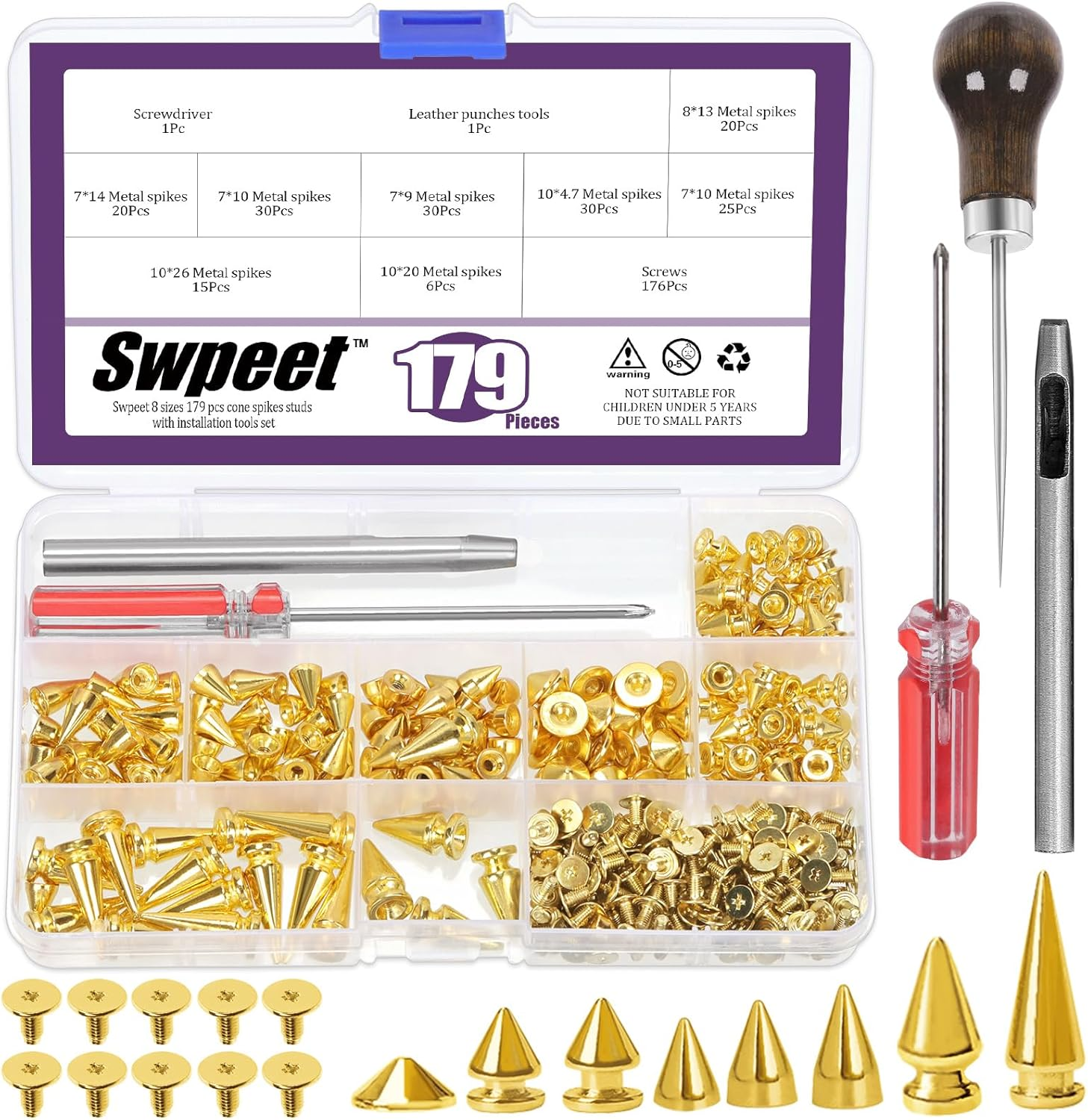 Swpeet 179 Sets 8 Sizes Bronze Cone Spikes with Scratch Awl Screwdriver Punch Assortment Kit, Punk Spikes and Studs Metal Tree Spikes Bullet Spikes Screwback Studs for Punk Clothing Craft DIY