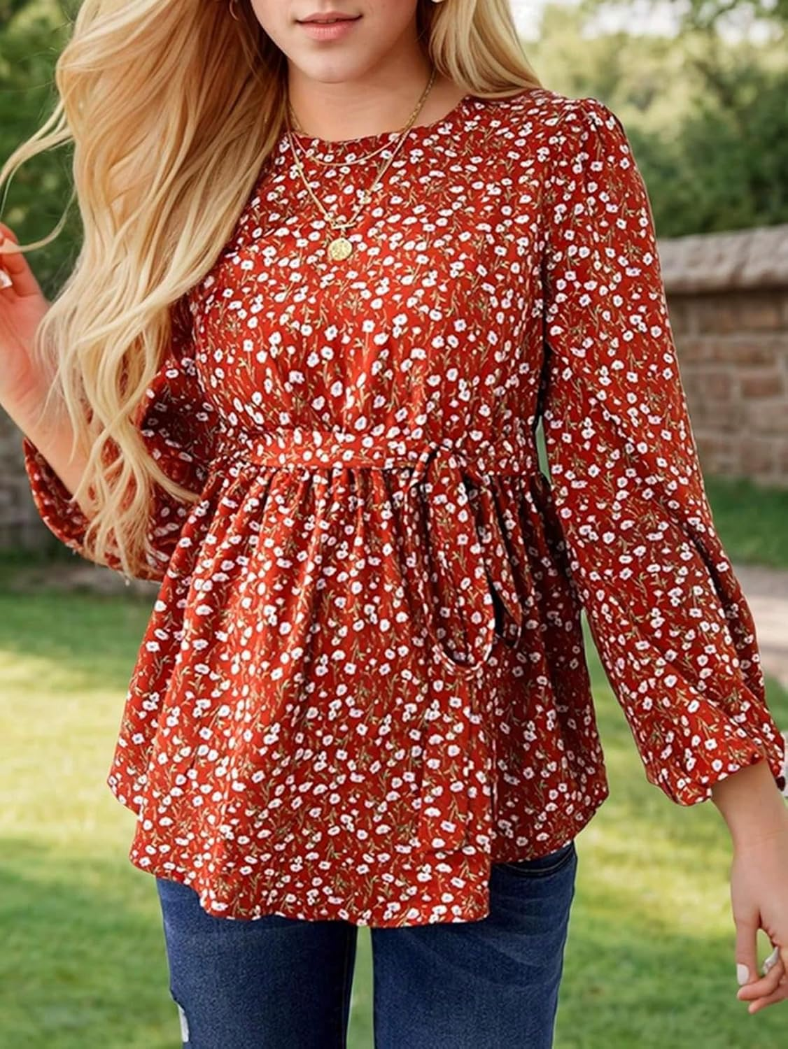 Women'S Maternity Shirt Floral Long Sleeve Belted Pregnancy Peplum Blouse Top image number 5