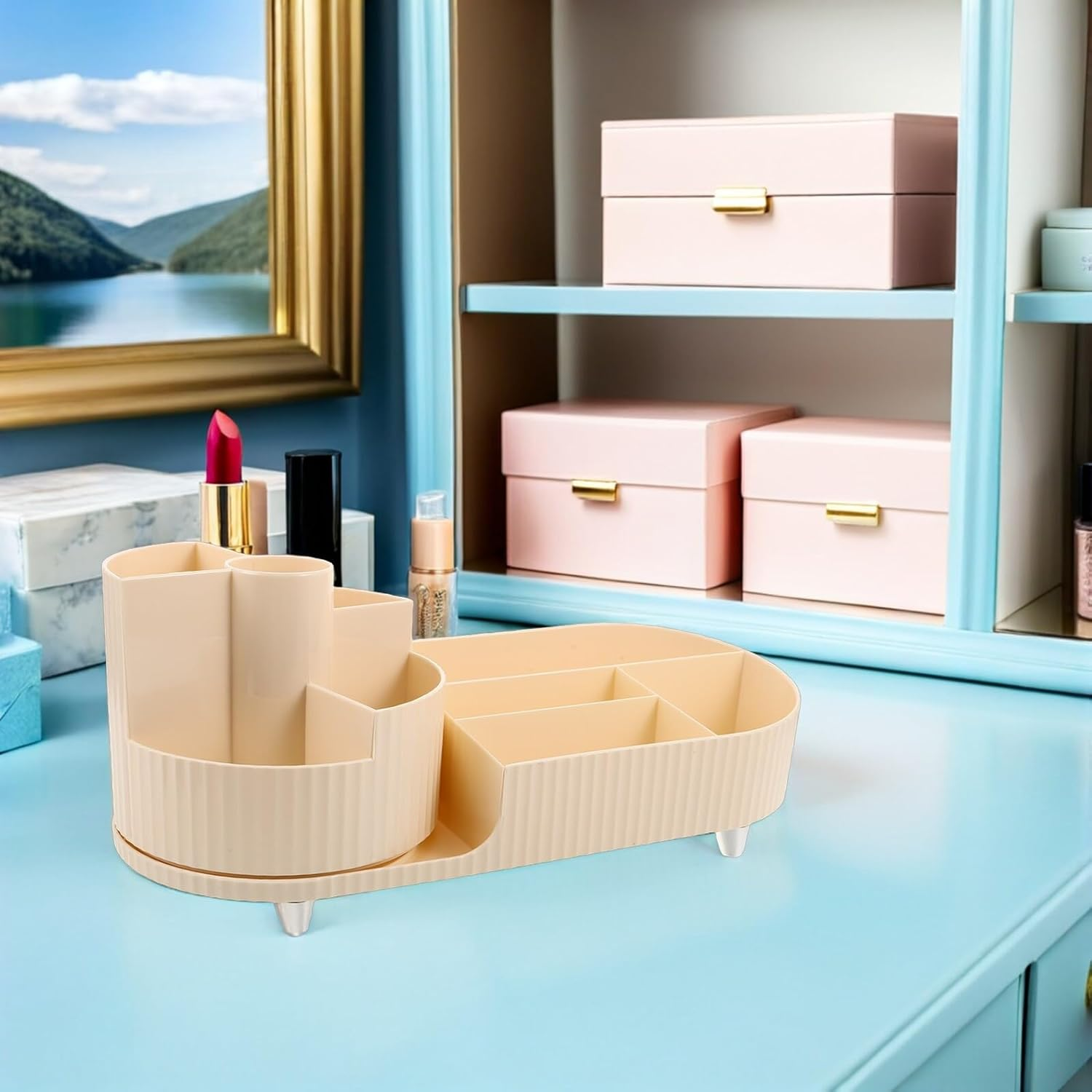 Vaguelly Rotating Desktop Makeup Storage Box 2Pcs in Cream White, Skincare and Cosmetic Organizer with Turntable Carousel for Vanity Countertop and Bathroom Use image number 5