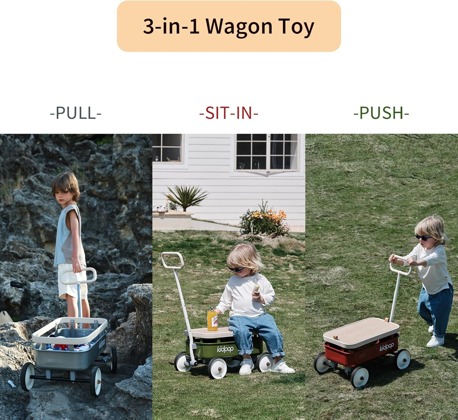 Pula-Wild 3-In-1 Kids' Pull-Along Wagon Toddlers Push Walker for 2.5-8, Removable Wooden Cover and Adjustable Handlebar, Birthday Gifts Max Weight 33 Lbs (White) image number 6