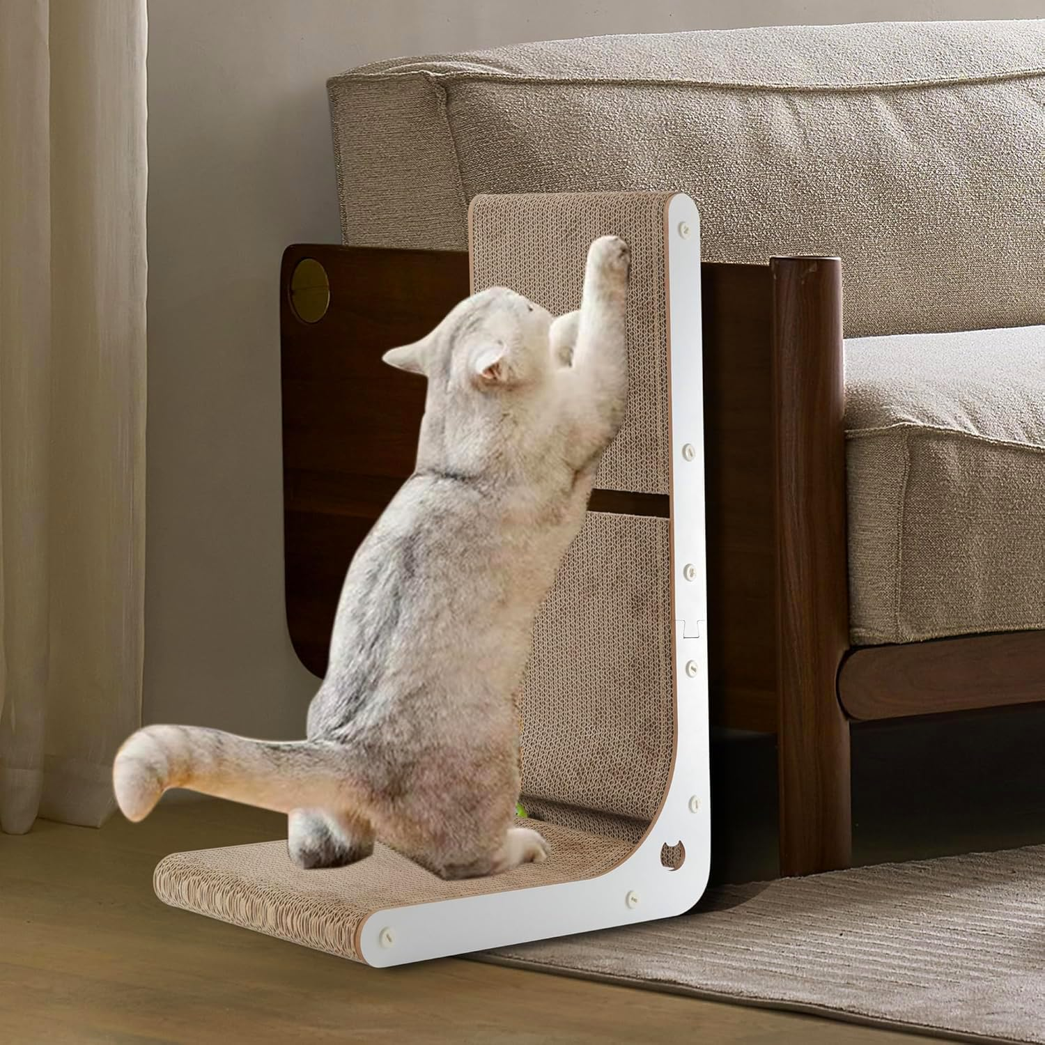 MUSONG Cardboard Cat Scratcher, L-Shape Vertical Cat Scratching Board with Built-In Catnip Toy Balls, Wall-Mounted Scratch Pad for Indoor Large Cats, Durable Cat Scratcher Pad, White
