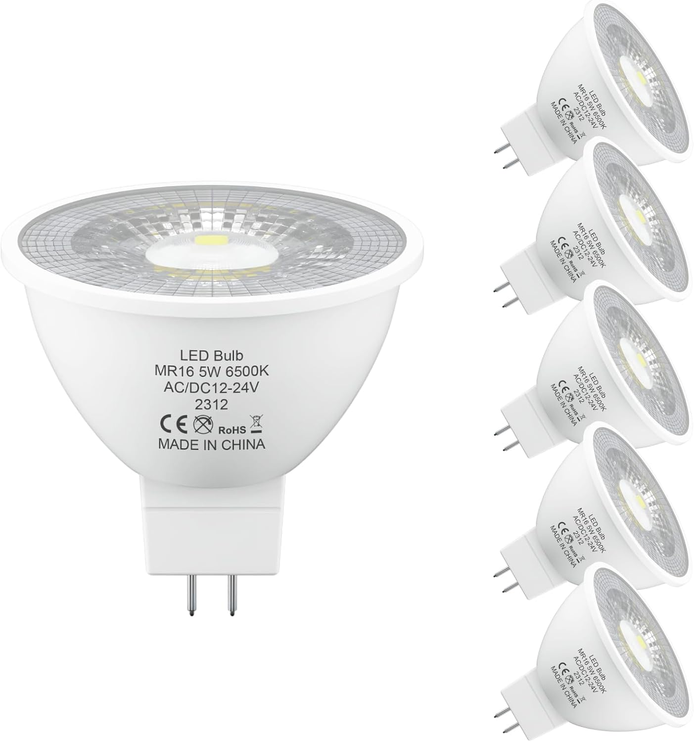 MR16 LED Bulbs Warm White 3000K, AC/DC 12V/24V GU5.3 LED Spotlight Bulbs, 5W 470LM Light Bulb Equivalent 50W MR16 Halogen Bulb, Non-Dimmable, 38&deg; Beam Angle, for Landscape, Track Lighting, 6 Pack