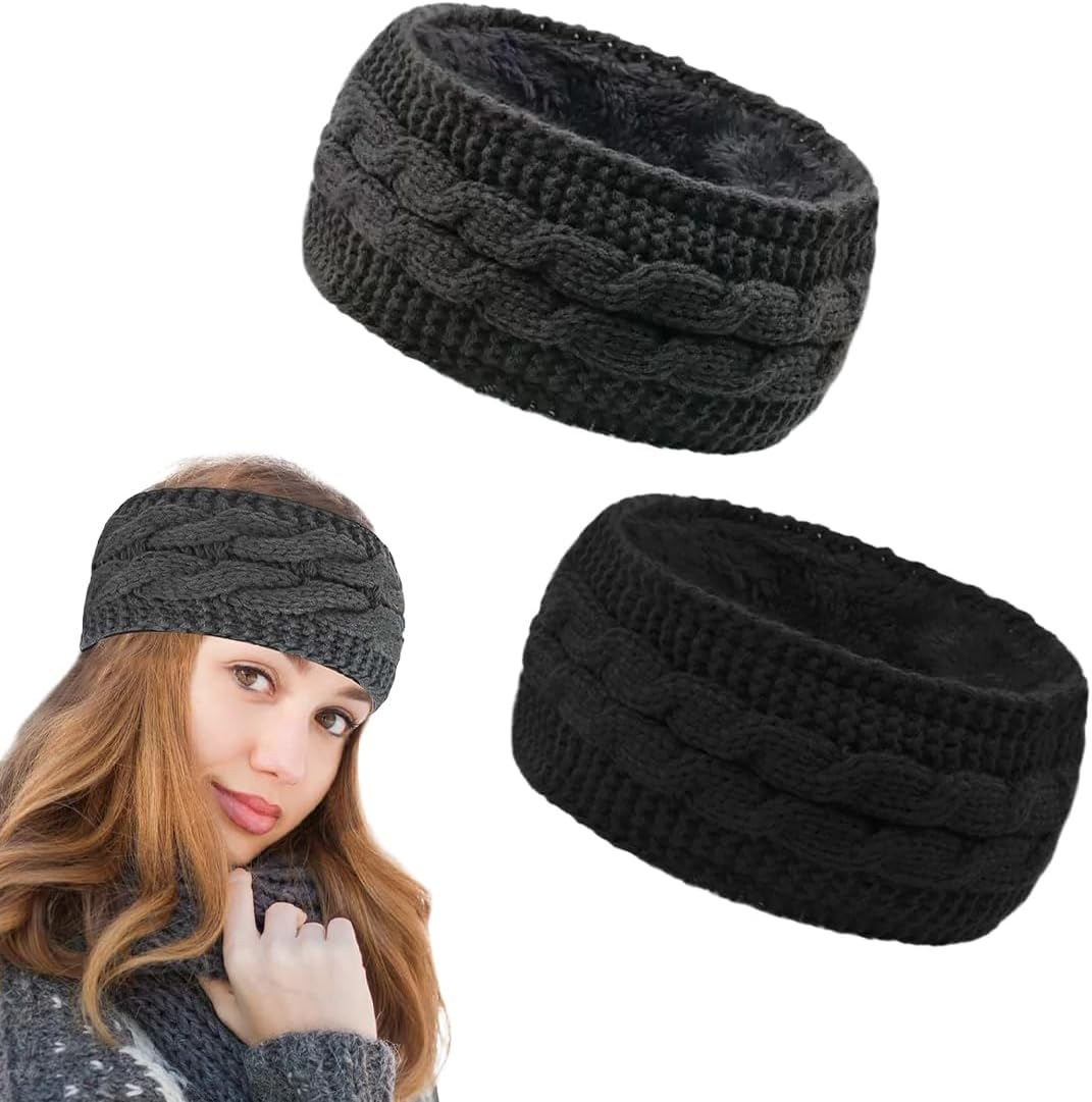 GGUFAY Women'S Winter Headband, Knitted Warm Headbands, Ear Warmers, Headband, Hair Band, Thick for Women and Girls, Elastic Crochet Thermal Headband (Black, Dark Grey) image number 1