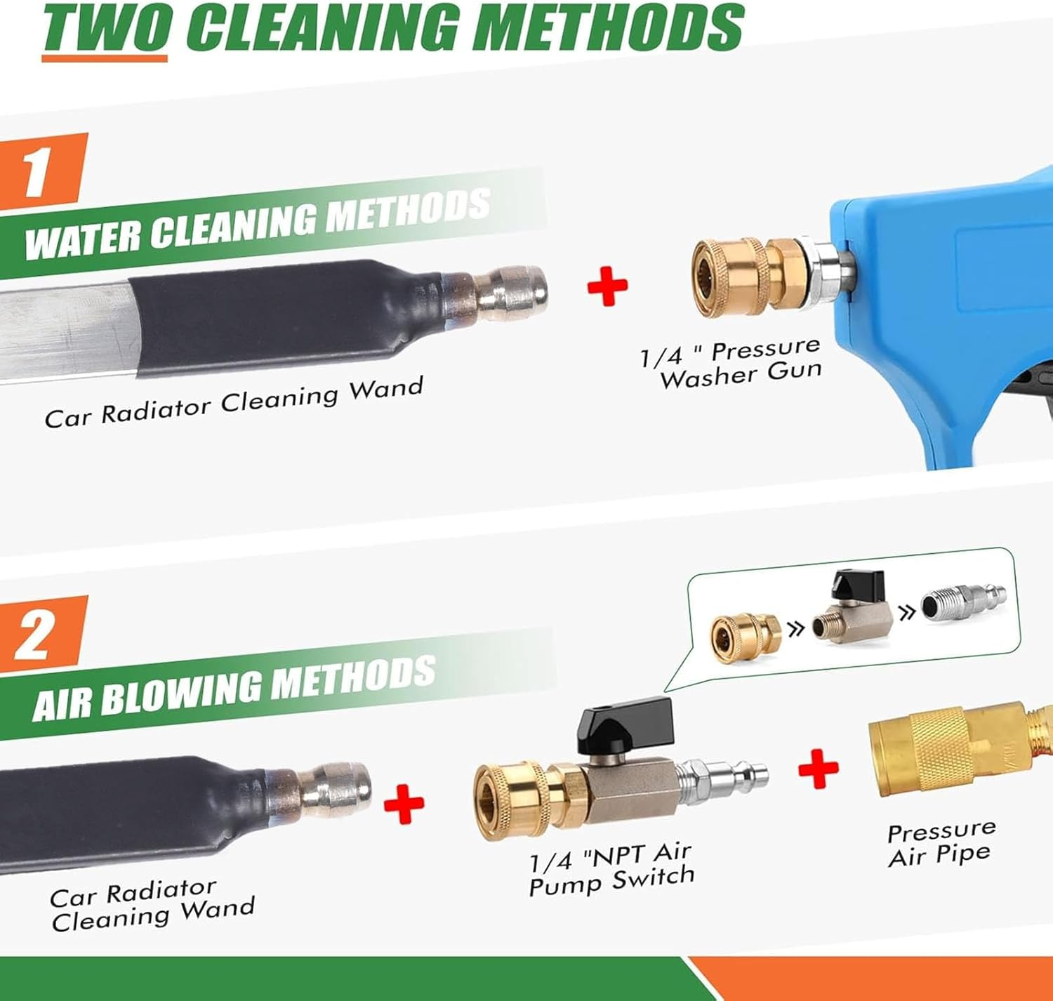 Luocute Radiator Cleaning Wand, 39 Inch 304 Stainless Steel Dual Use Cleaner Air Pump Flush Truck Pressure Washer Wand with 6 Nozzle Heads image number 6