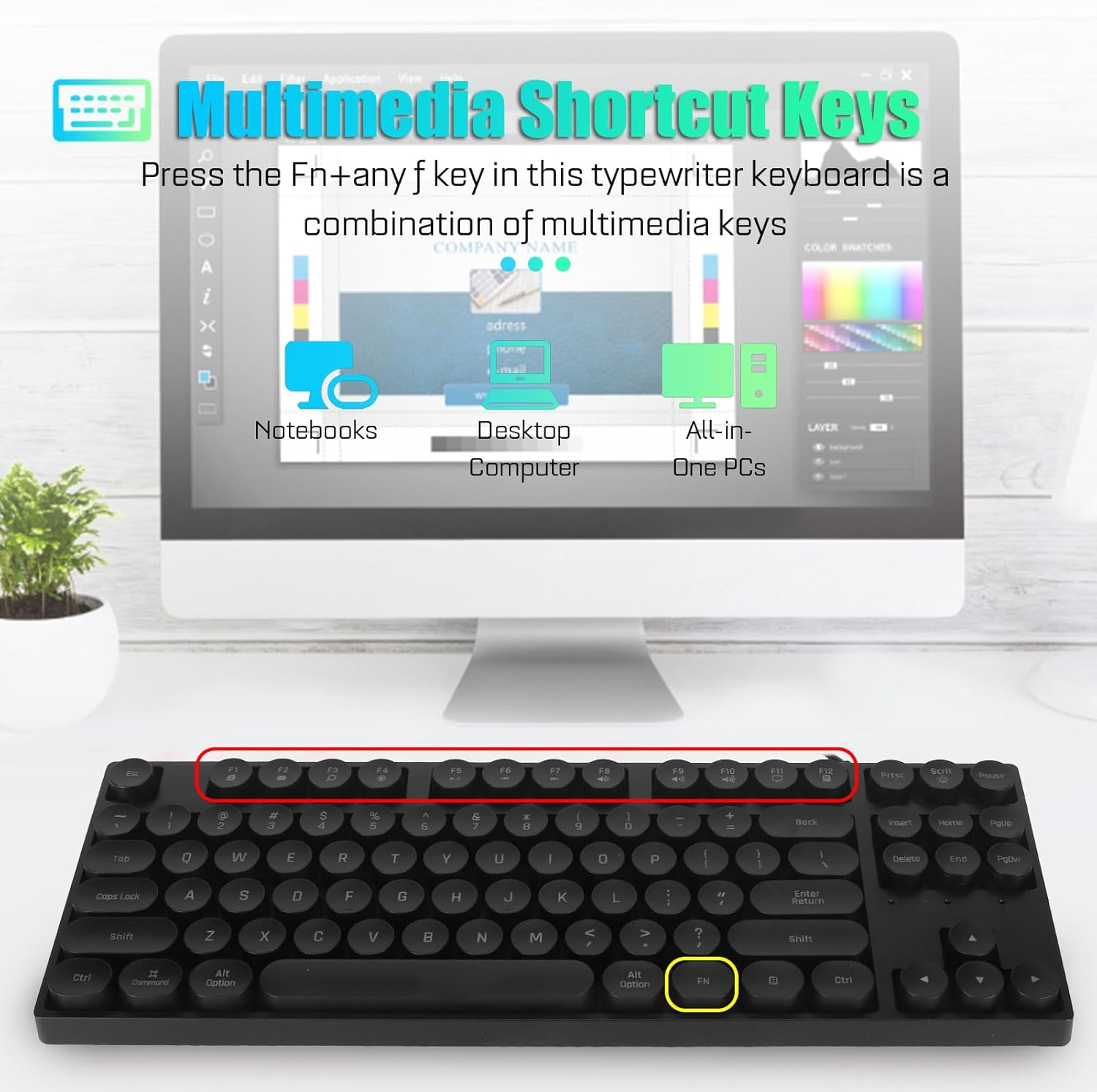 87 Keys Typewriter Style Mechanical Gaming Keyboard, Colorful Backlit Retro Punk round Keycaps Keyboard, anti Ghosting Hot Swap USB Wired Keyboards, for Gamers, Typists (Black) image number 5