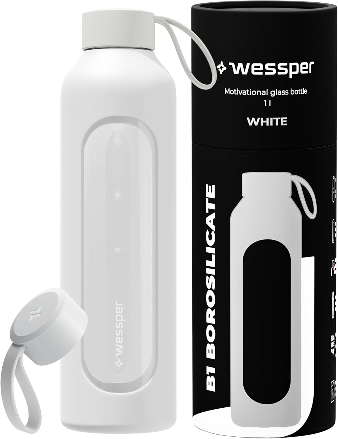 Wessper Glass Drinking Bottle, 1 Litre with Time Markings, Bpa-Free Drinking Motivation, Borosilicate Water Bottle, Airtight Glass Bottle with Bamboo Lid, Reusable, with Silicone Case, White - Gray image number 5