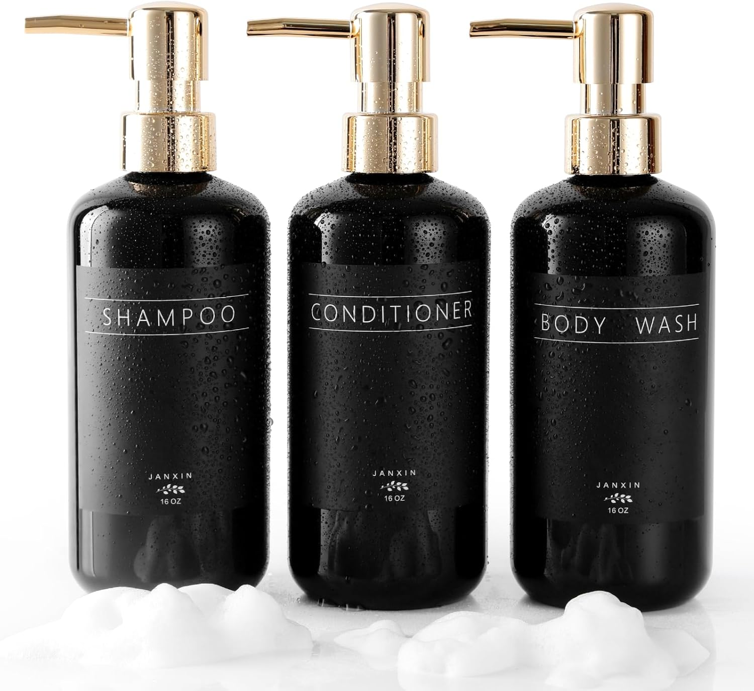 Janxin Shampoo and Conditioner Dispenser Set of 3,Modern Refillable 16Oz Shampoo and Conditioner Bottles with Pump,Stylish Shower Soap Dispenser with Waterproof Labels for Bathroom(Clear)