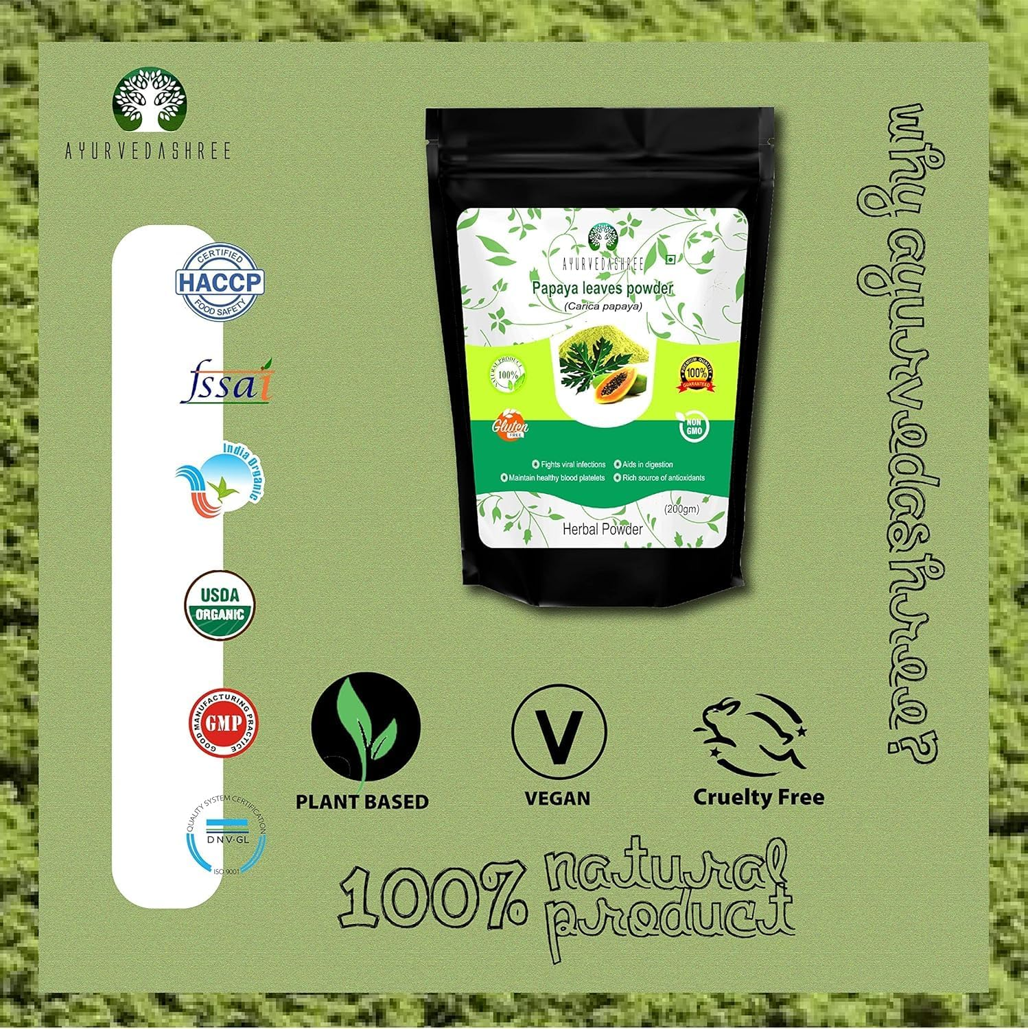 Papaya Leaf Powder 200 Gm | Dried from Fresh Green Leaves, Good to Make Tea, Juice Extract, 100% Leaves Powder(No Fruit, No Seeds) | Non-Gmo,Vegan | Herbal & Natural