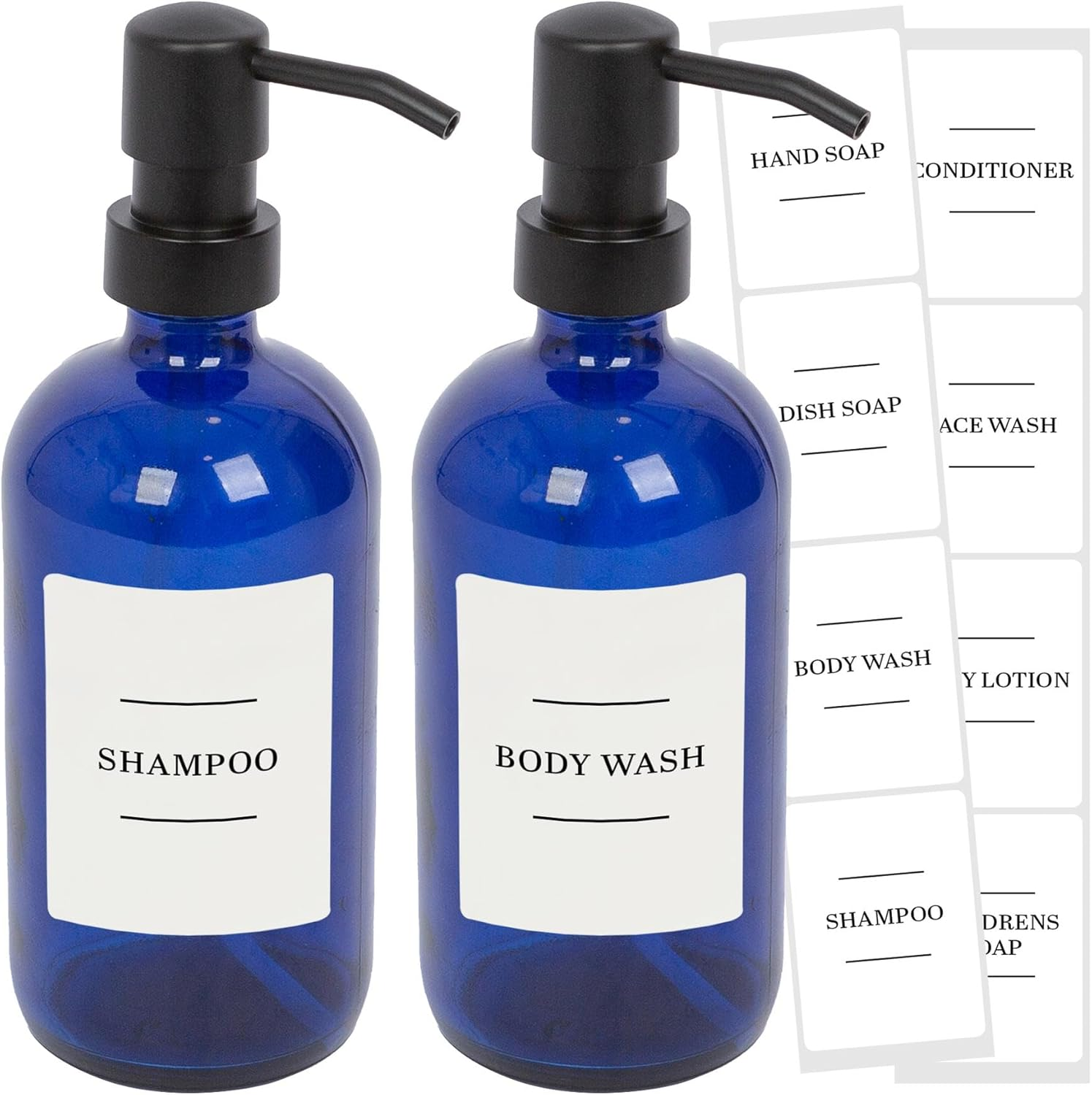 Harbour Housewares Glass Soap Dispensers with Labels - Amber/White - 2 Pack - 500Ml Refillable Soap Dispensers Hand and Dish Liquid Pump for Bathroom, Kitchen, Laundry Room