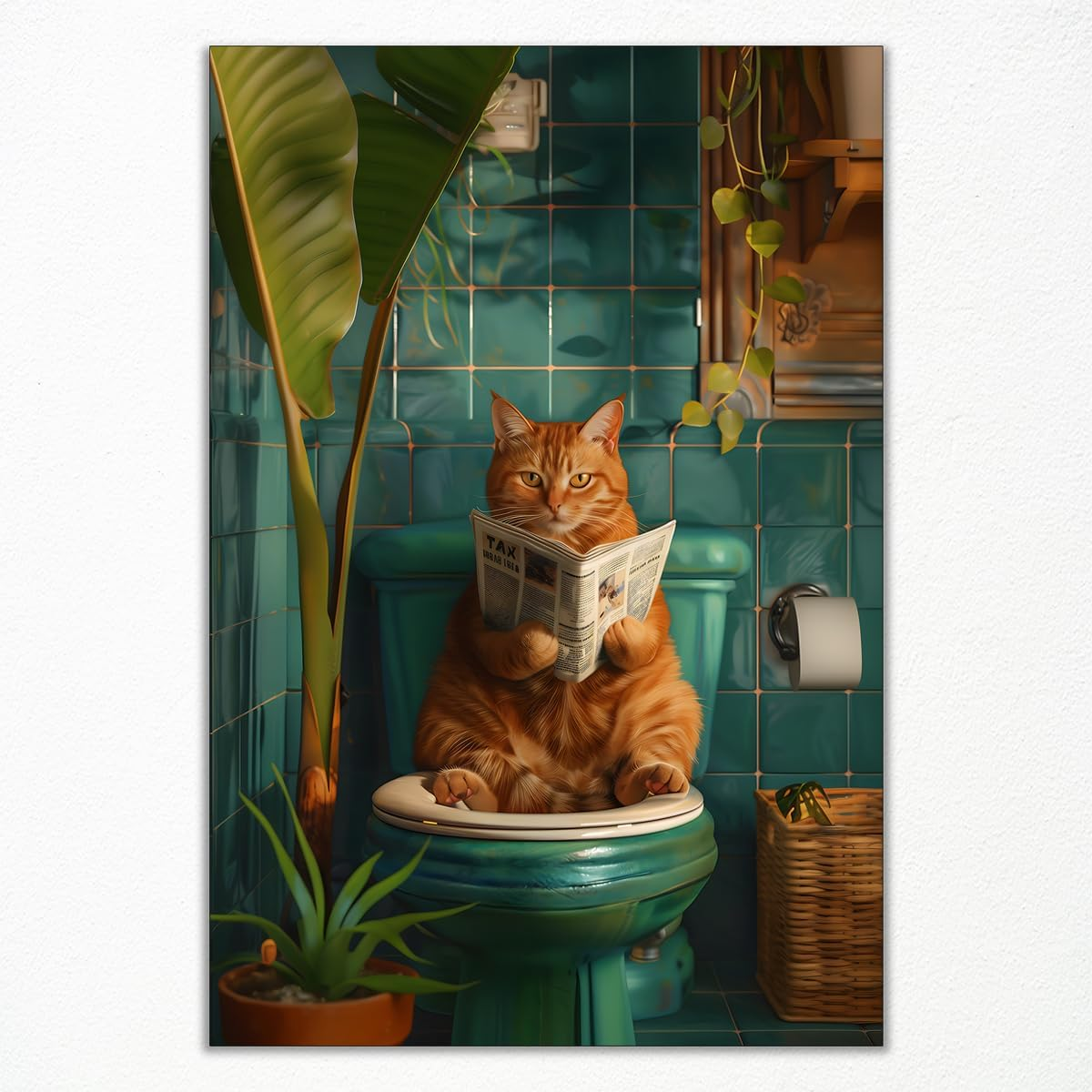 Funky Pink Canvas Wall Art - Black Cat Reading Newspaper on Toilet Poster, Funny Cat Pooping, Green Botanical Plant Animal Bathroom Print, 16X24In Unframed