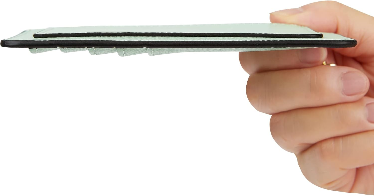 Women'S Leather Slim Minimalist Card Holder Case Zipper Changes Coin Front Pocket Wallet with Keychain, Green, Casual