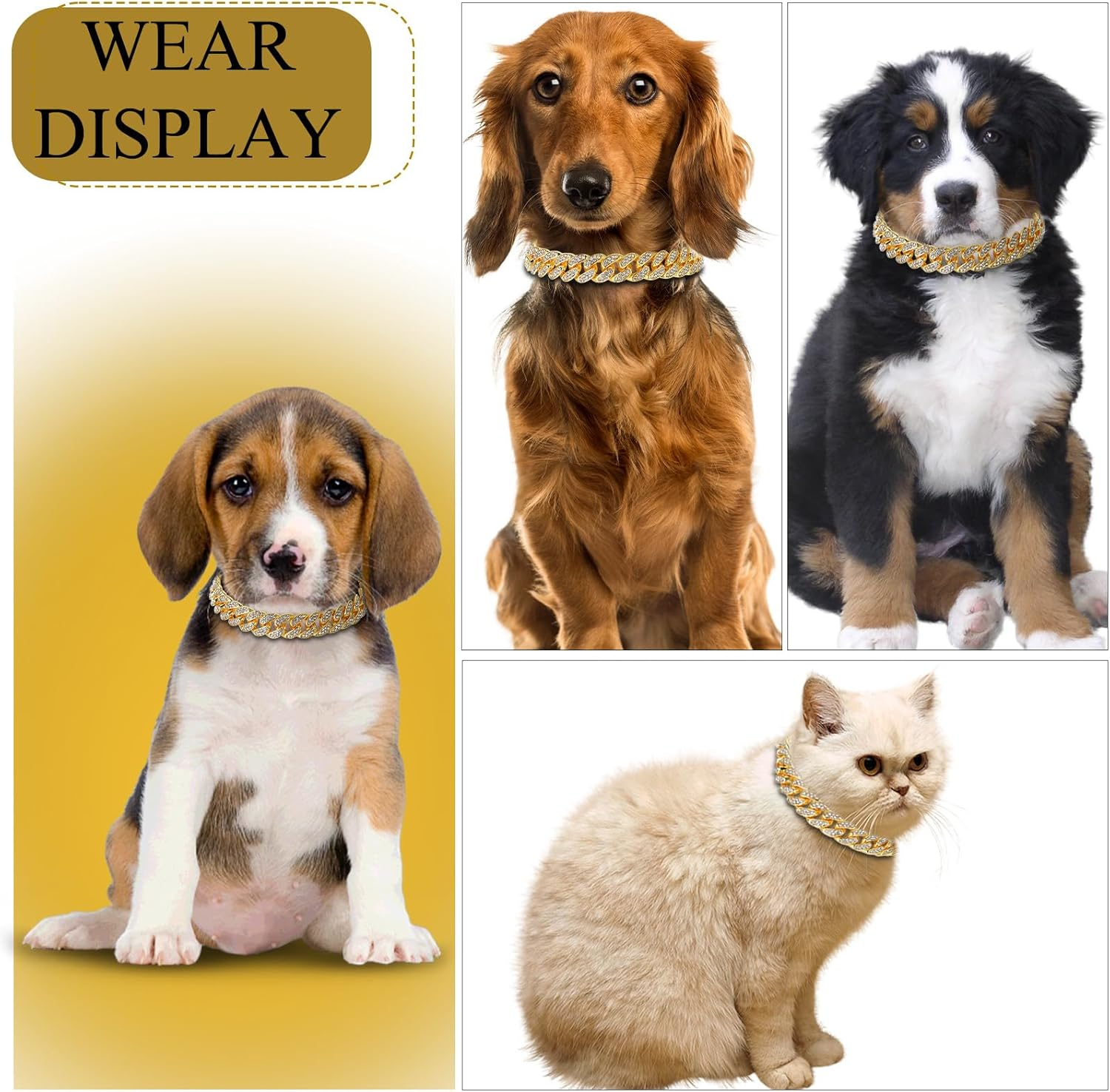 Gold Dog Chain Collar Diamond Cuban Link Dog Collar, 16Mm Wide Dog Necklace Metal Cat Chain Pet Crystal Collar Jewelry Accessories with Design Secure Buckle for Small Medium Large Dogs Cats(10Inch) image number 5