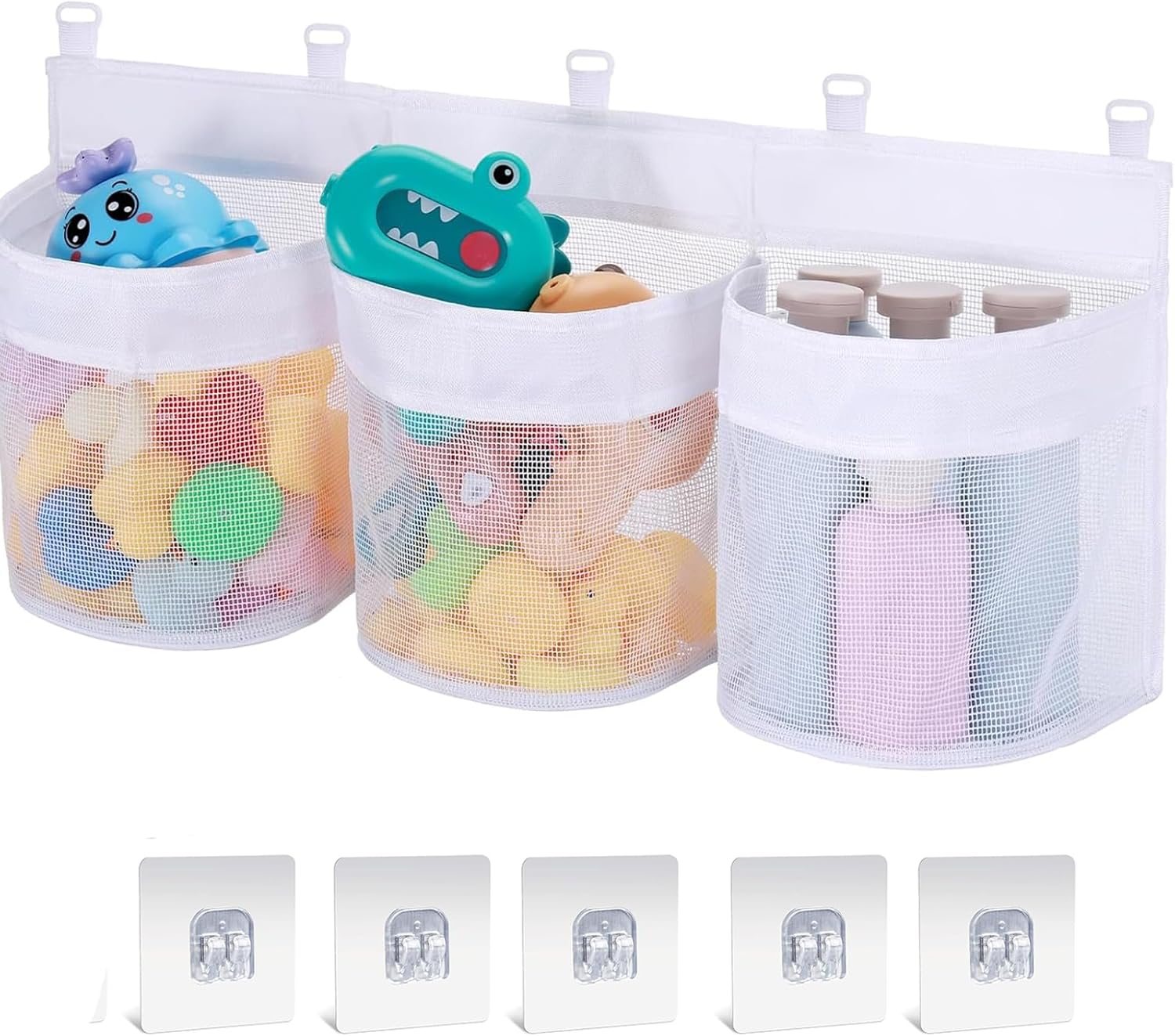 Toy Storage Bags, Hanging Bath Toy Storage Basket, Bath Toy Mesh Bag Bathtub Toy Bag with 5 Ultra Strong Hooks, Bath Toy Holder for Storage and Sorting of Baby Bath Toys (60X25Cm) image number 2